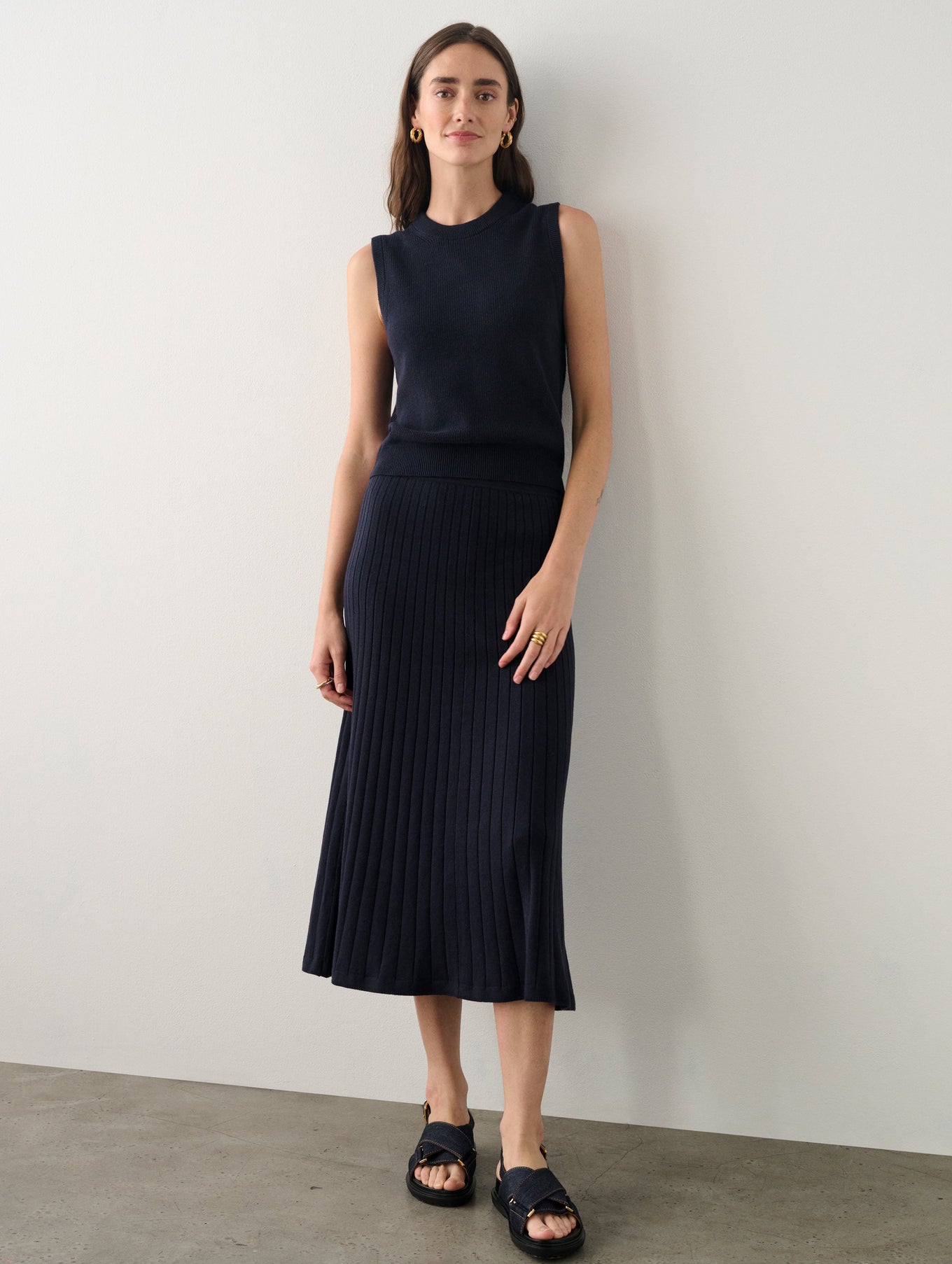 Cotton Silk Ribbed A Line Skirt