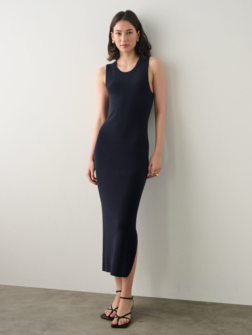 Cotton Silk Ribbed Midi Dress