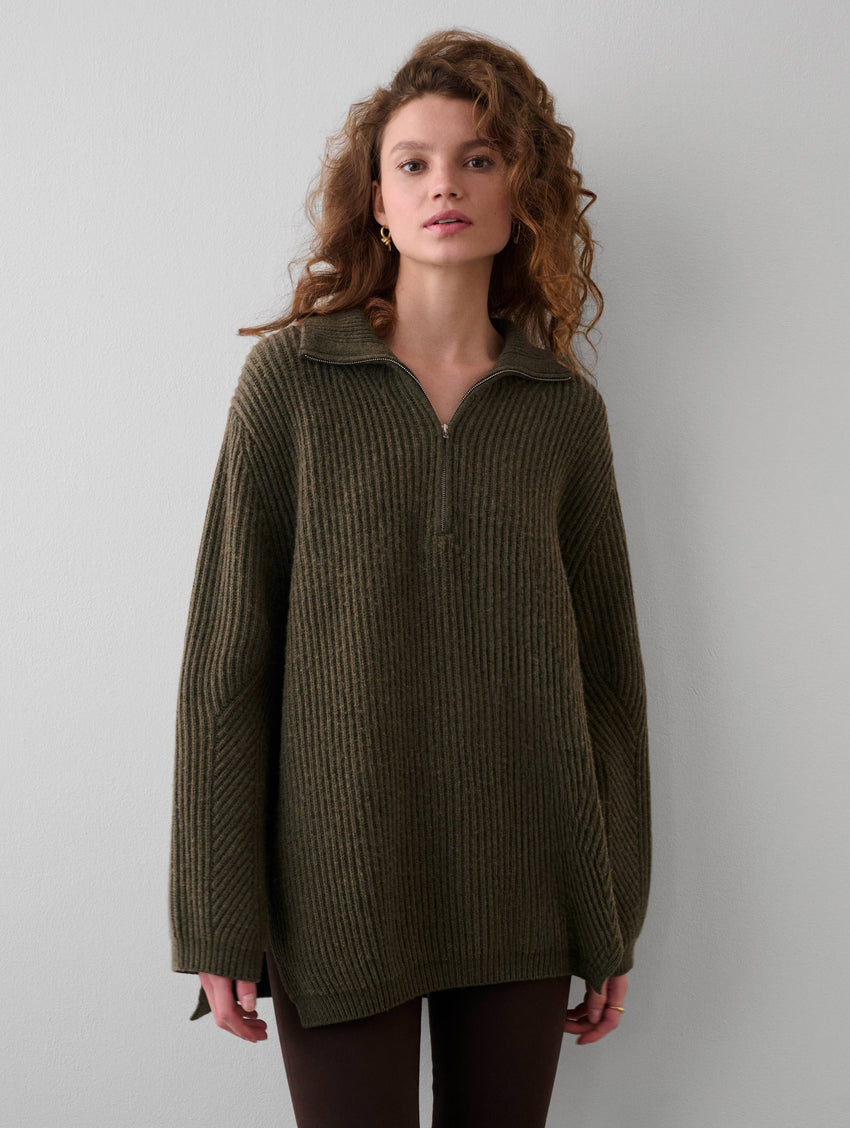 Merino Blend Ribbed Half Zip Tunic