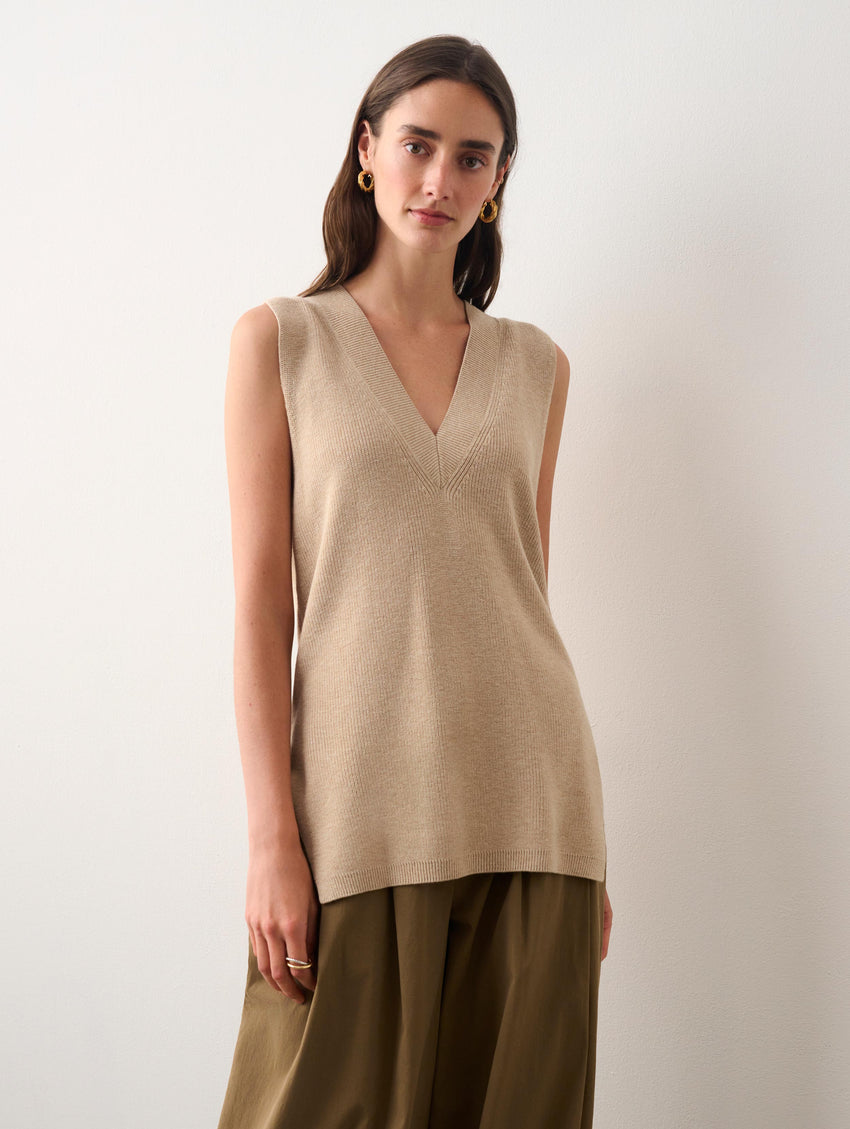 Cotton Silk Sleevelss V Neck Tunic