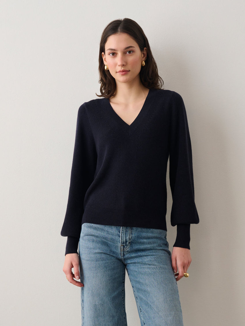 Cotton Silk Blouson Sleeve V Neck