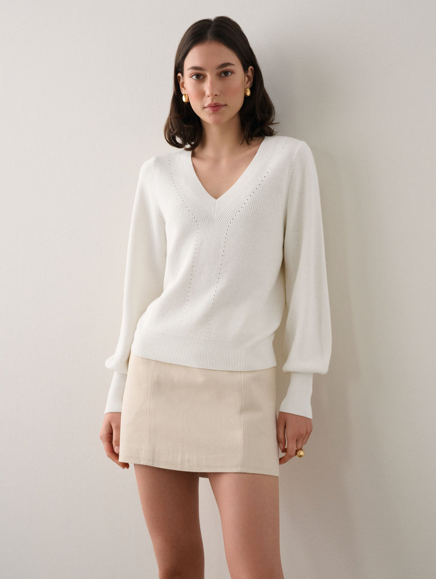 Cotton Silk Blouson Sleeve V Neck