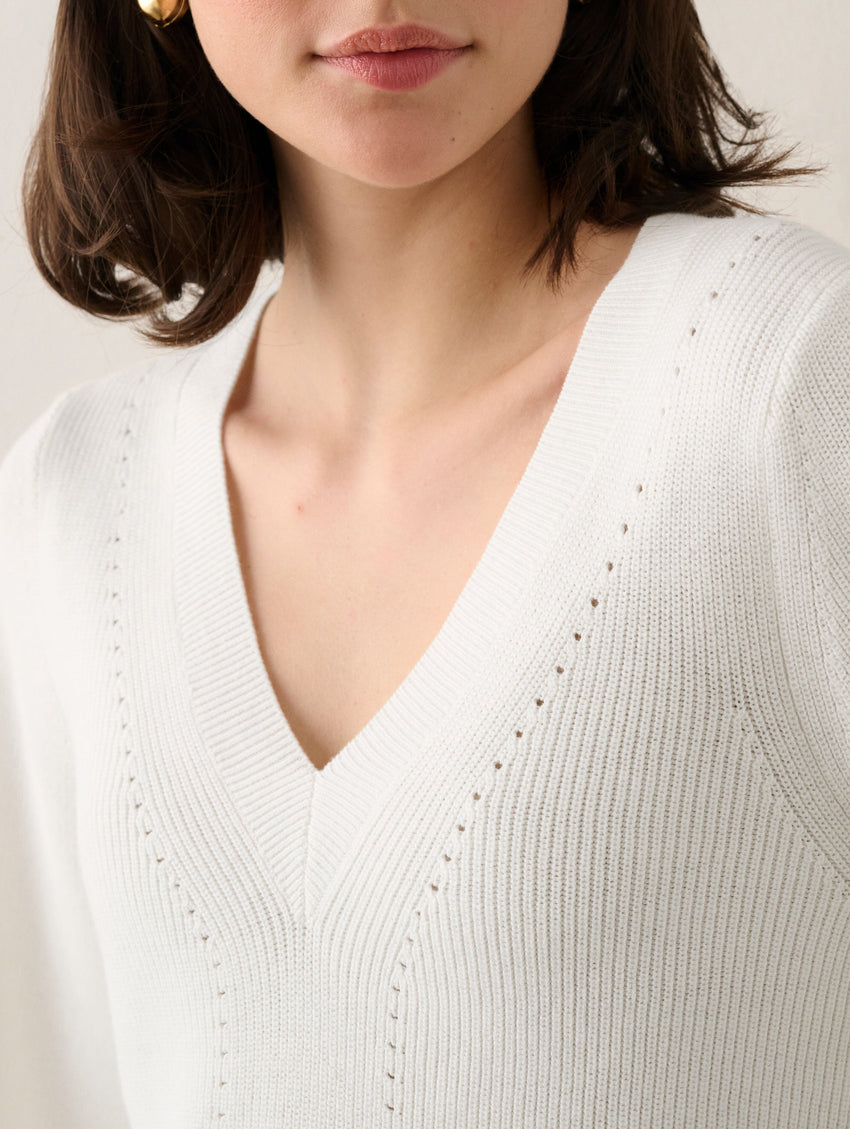 Cotton Silk Blouson Sleeve V Neck