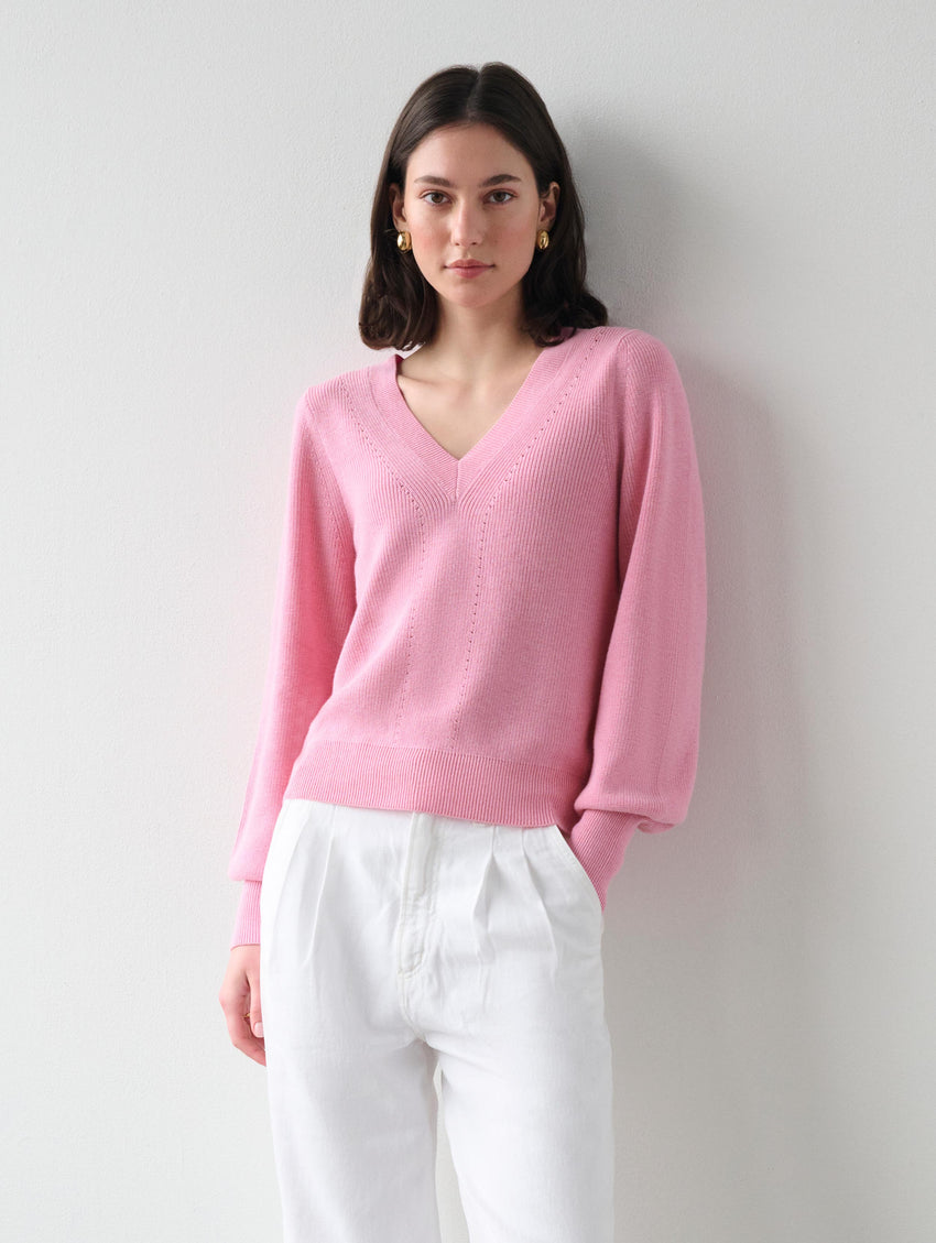 Cotton Silk Blouson Sleeve V Neck