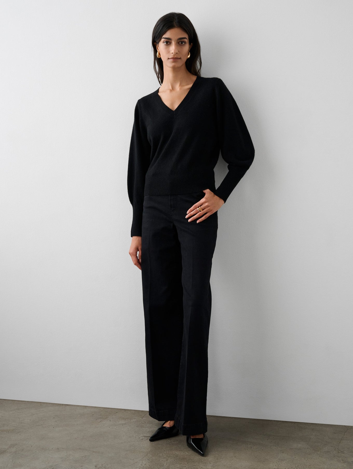 Cashmere Blouson Sleeve V Neck