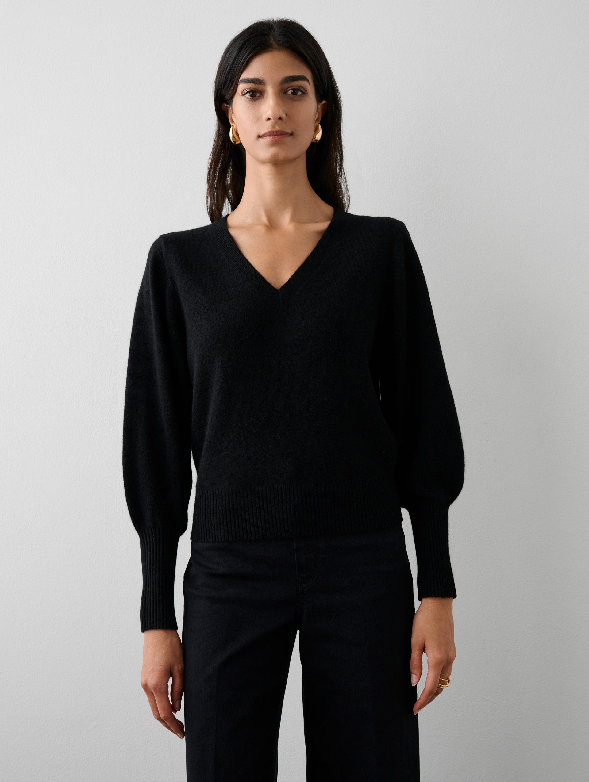 Cashmere Blouson Sleeve V Neck – White + Warren