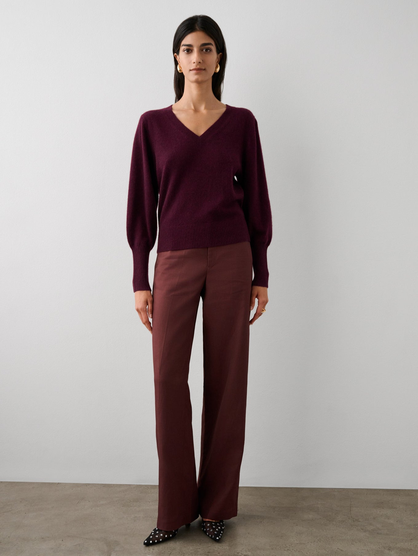Cashmere Blouson Sleeve V Neck