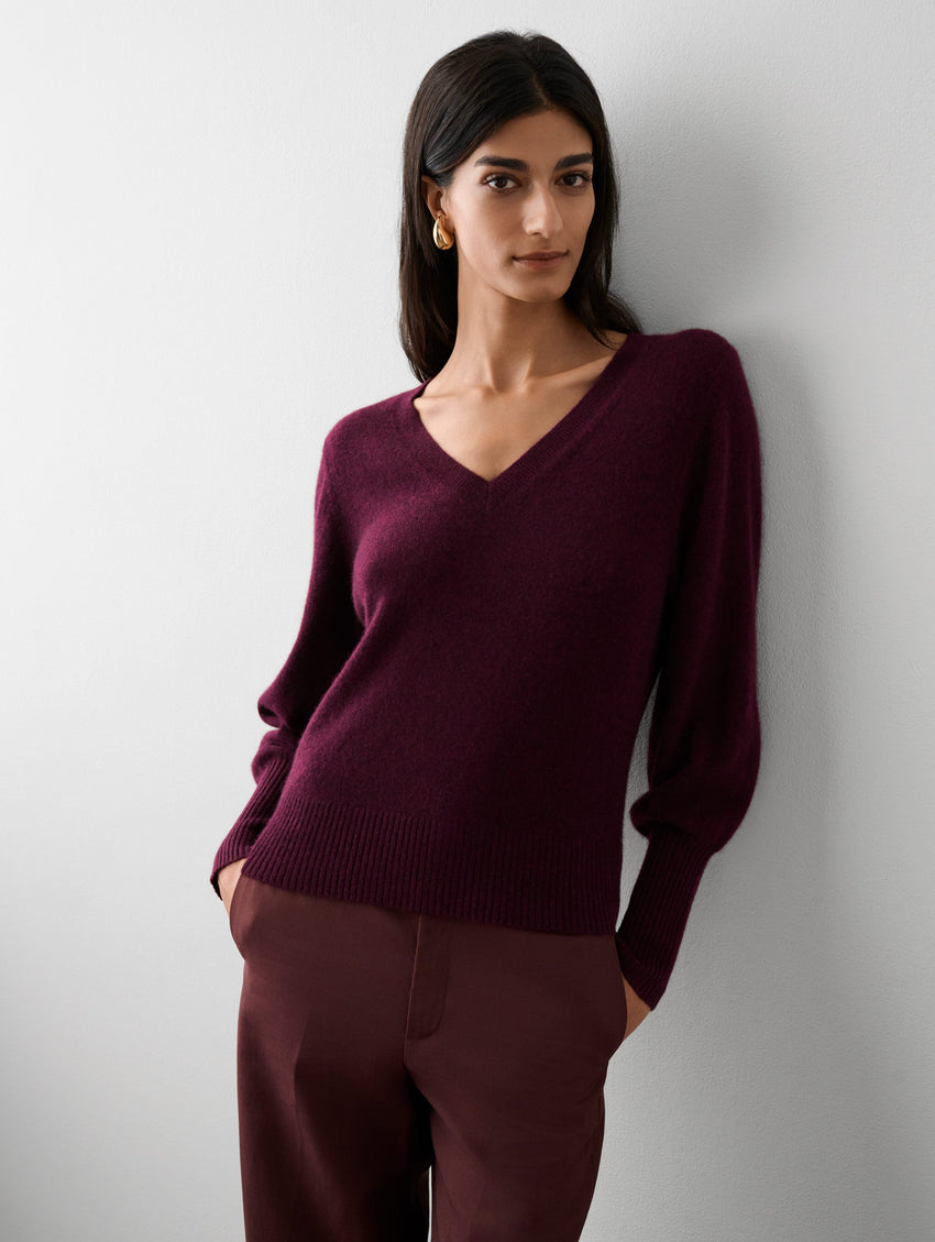 Cashmere Blouson Sleeve V Neck