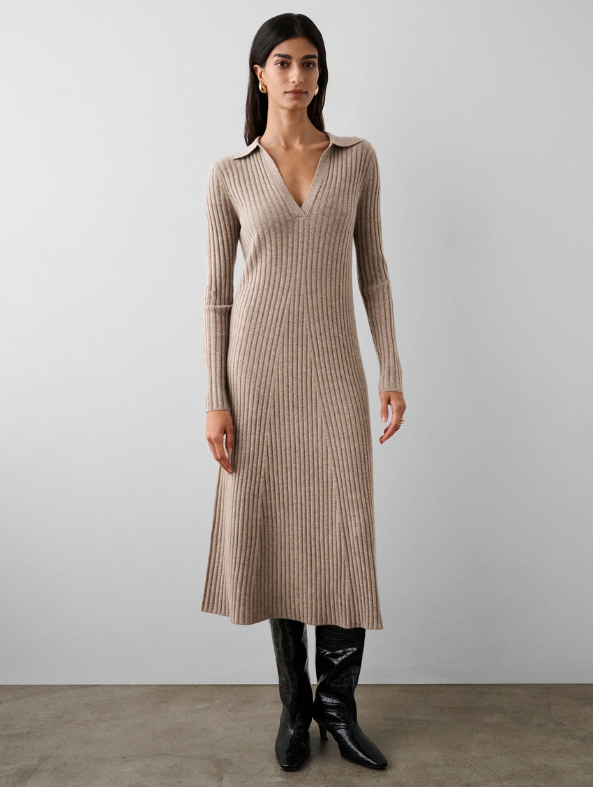 Merino Cashmere Ribbed Polo Dress