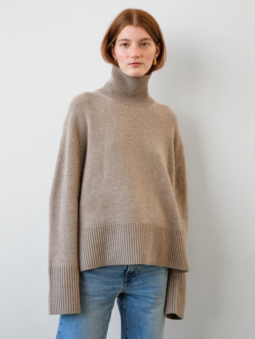 Merino Cashmere Ribbed Trim Standneck