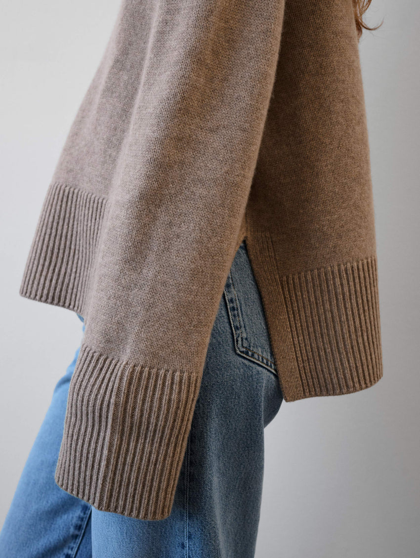 Merino Cashmere Ribbed Trim Standneck