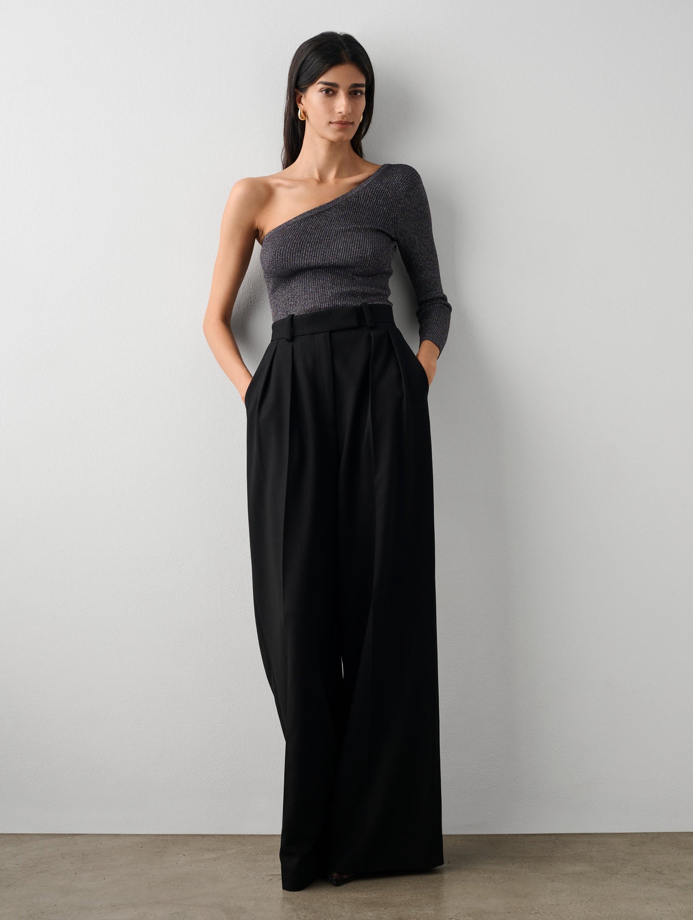 Metallic Shine Ribbed One Shoulder Top