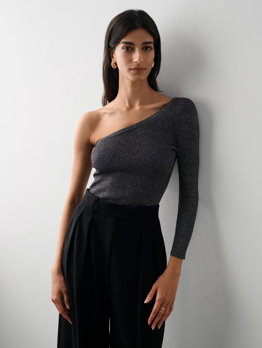 Metallic Shine Ribbed One Shoulder Top