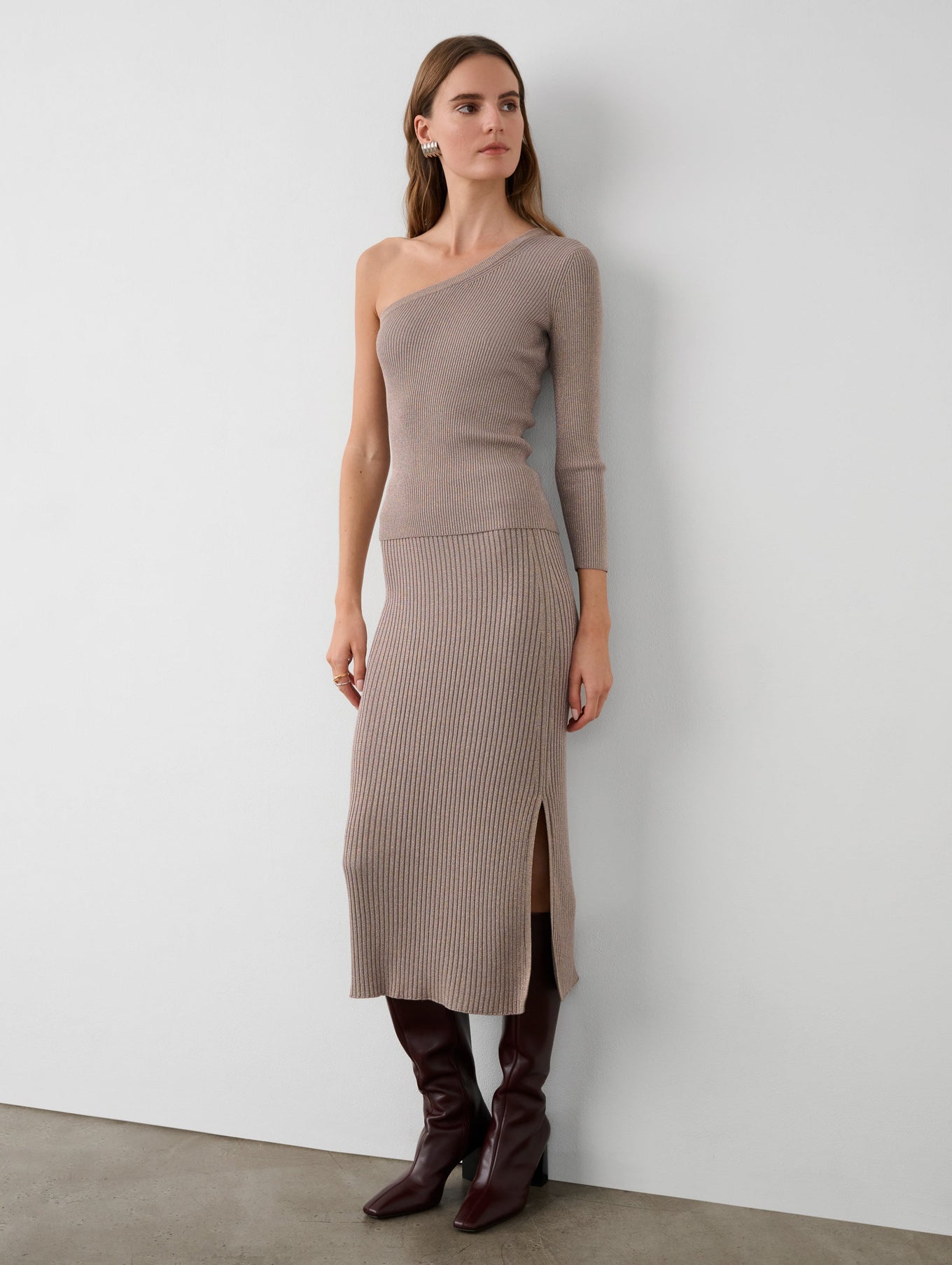 Metallic Shine Ribbed One Shoulder Top