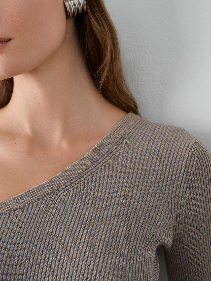 Metallic Shine Ribbed One Shoulder Top