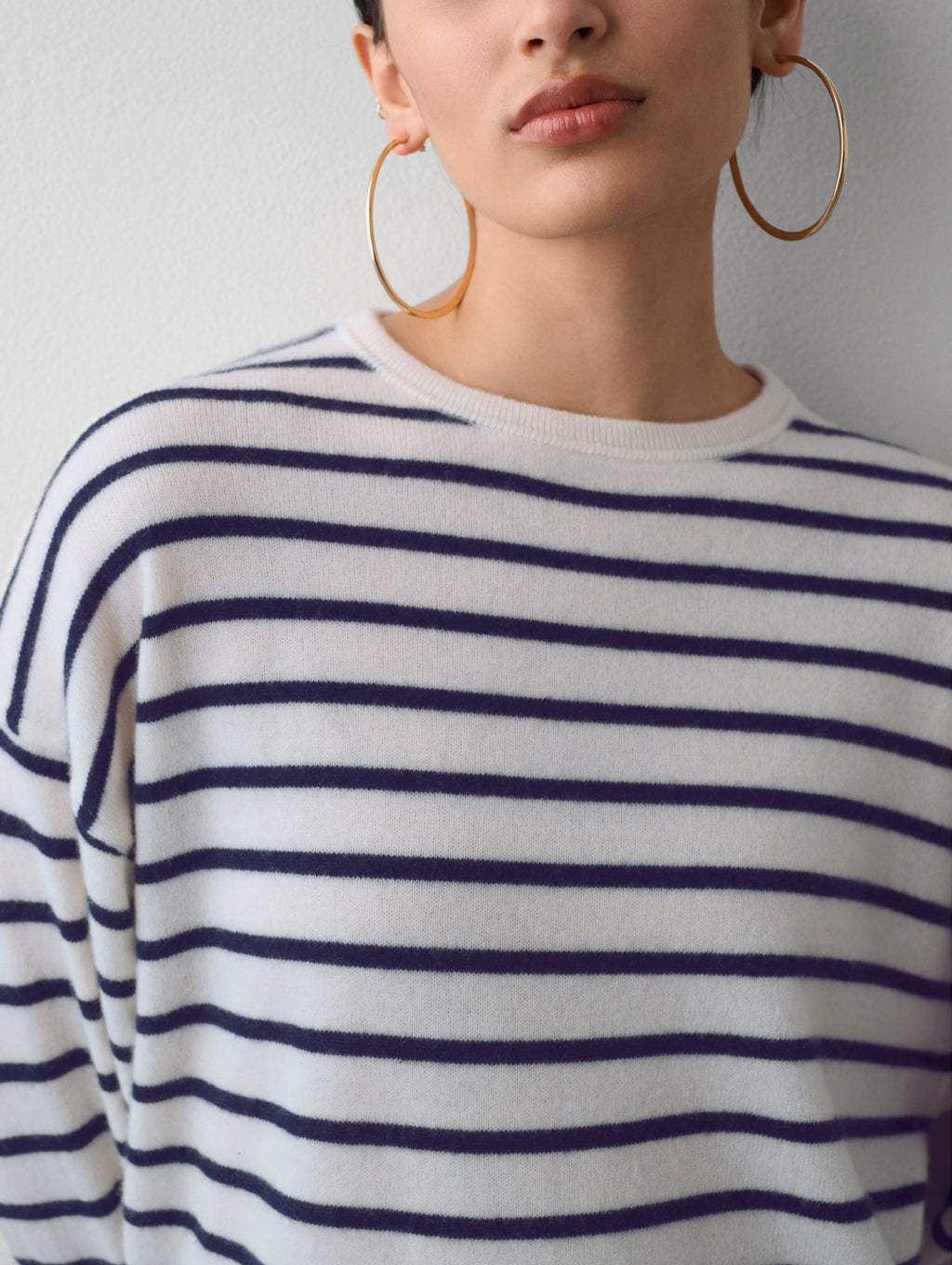 Cashmere Drop Shoulder Striped Sweater – White + Warren