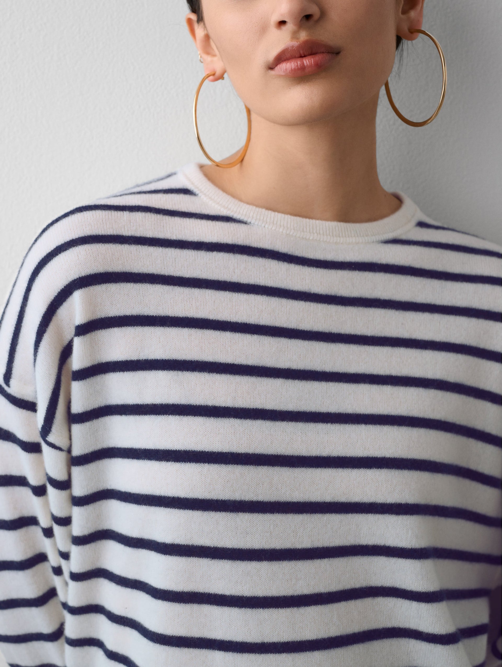 Cashmere Drop Shoulder Striped Sweater – White + Warren