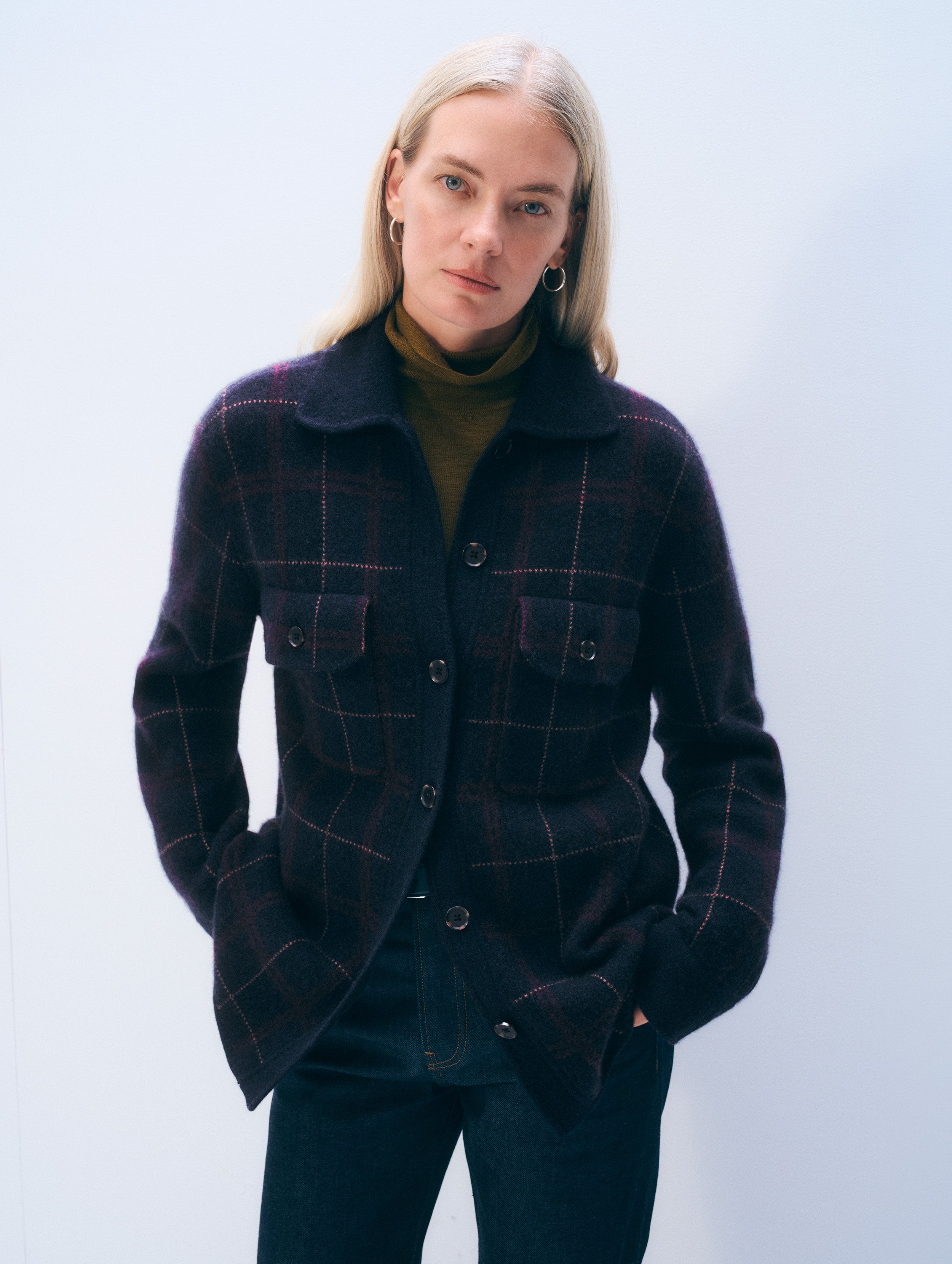 Cashmere Luxe Paid Button Down Shacket | Deep Navy Combo