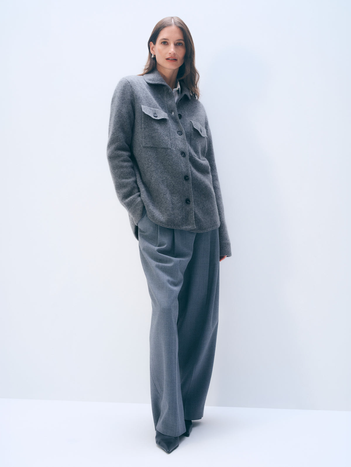 Cashmere Luxe Button Down Shacket | Graphite Heather