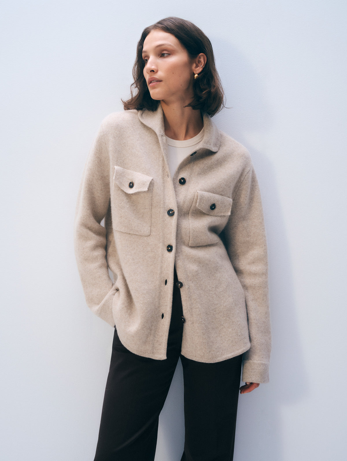 Cashmere Luxe Button Down Shacket | Sand Wisp Hthr