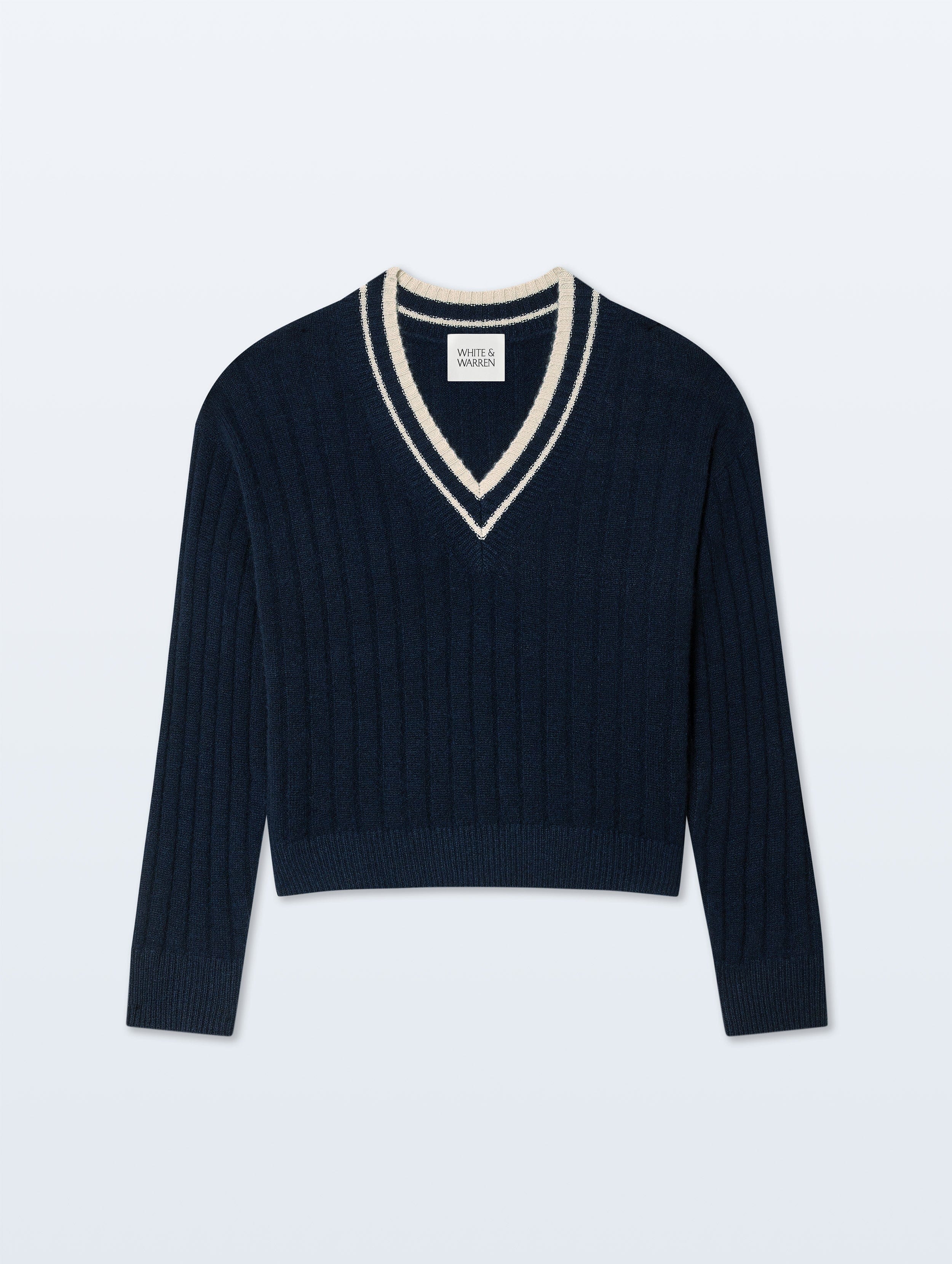 Cashmere Varsity V Neck | Deep Navy & Natural