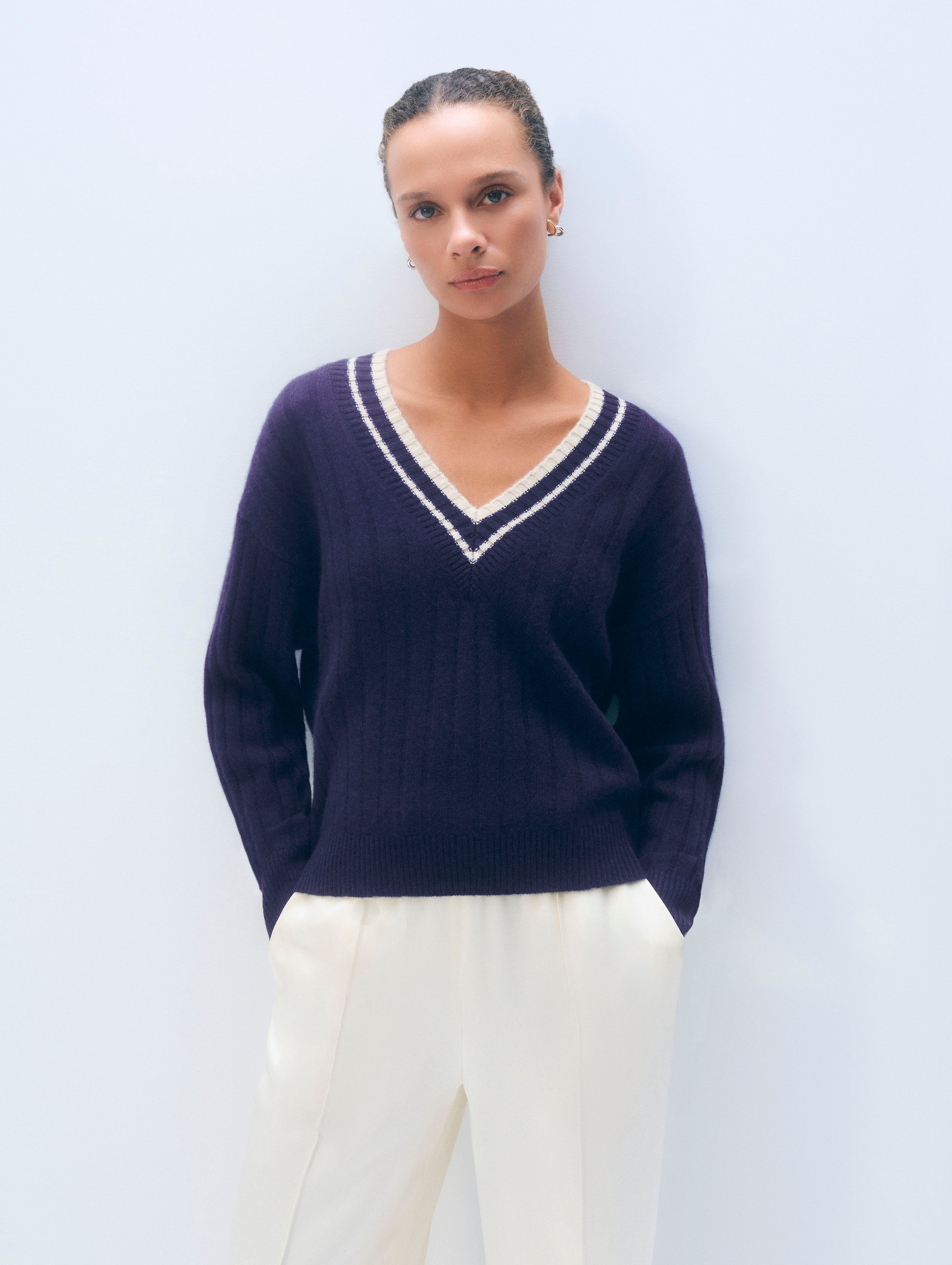 Cashmere Varsity V Neck | Deep Navy & Natural