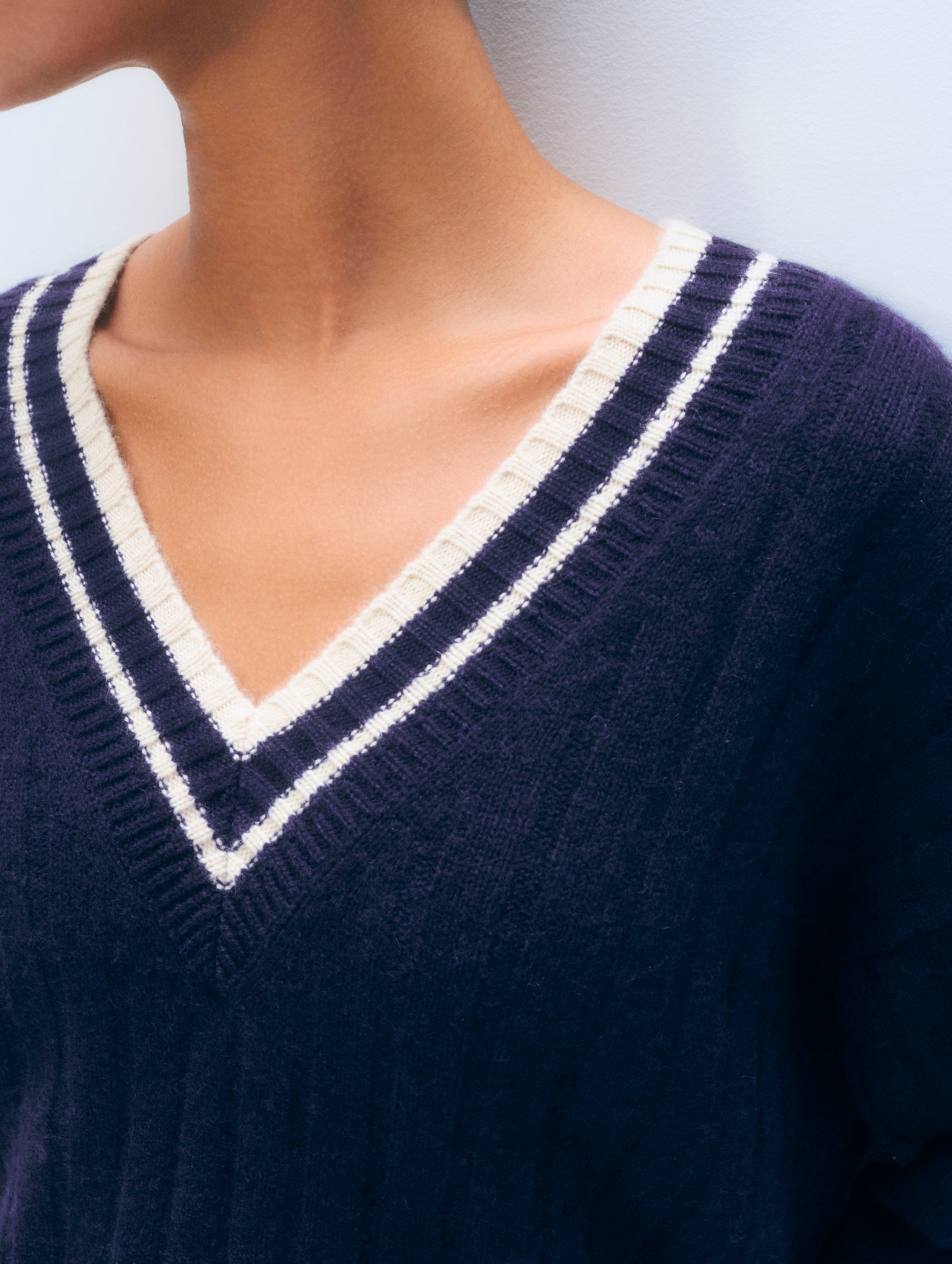 Cashmere Varsity V Neck | Deep Navy & Natural
