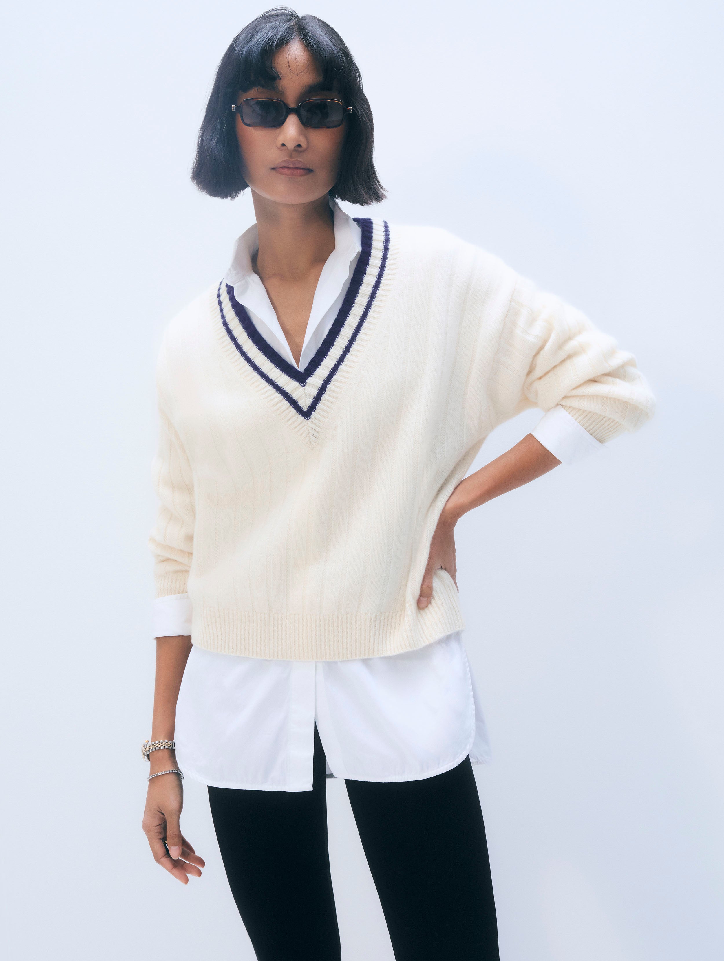 Cashmere Varsity V Neck | Soft White & Deep Navy