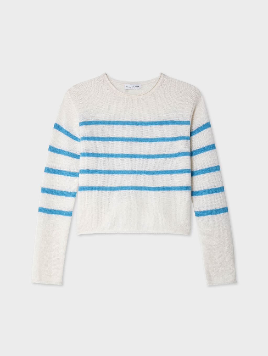 Cashmere Striped Roll Trim Crewneck White Warren
