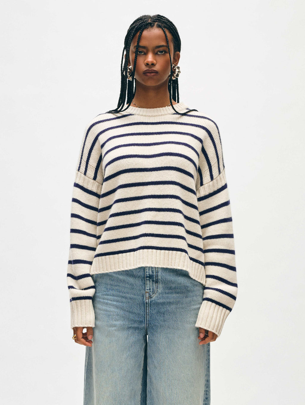 White Warren Merino Cashmere Striped Crewneck L Navy