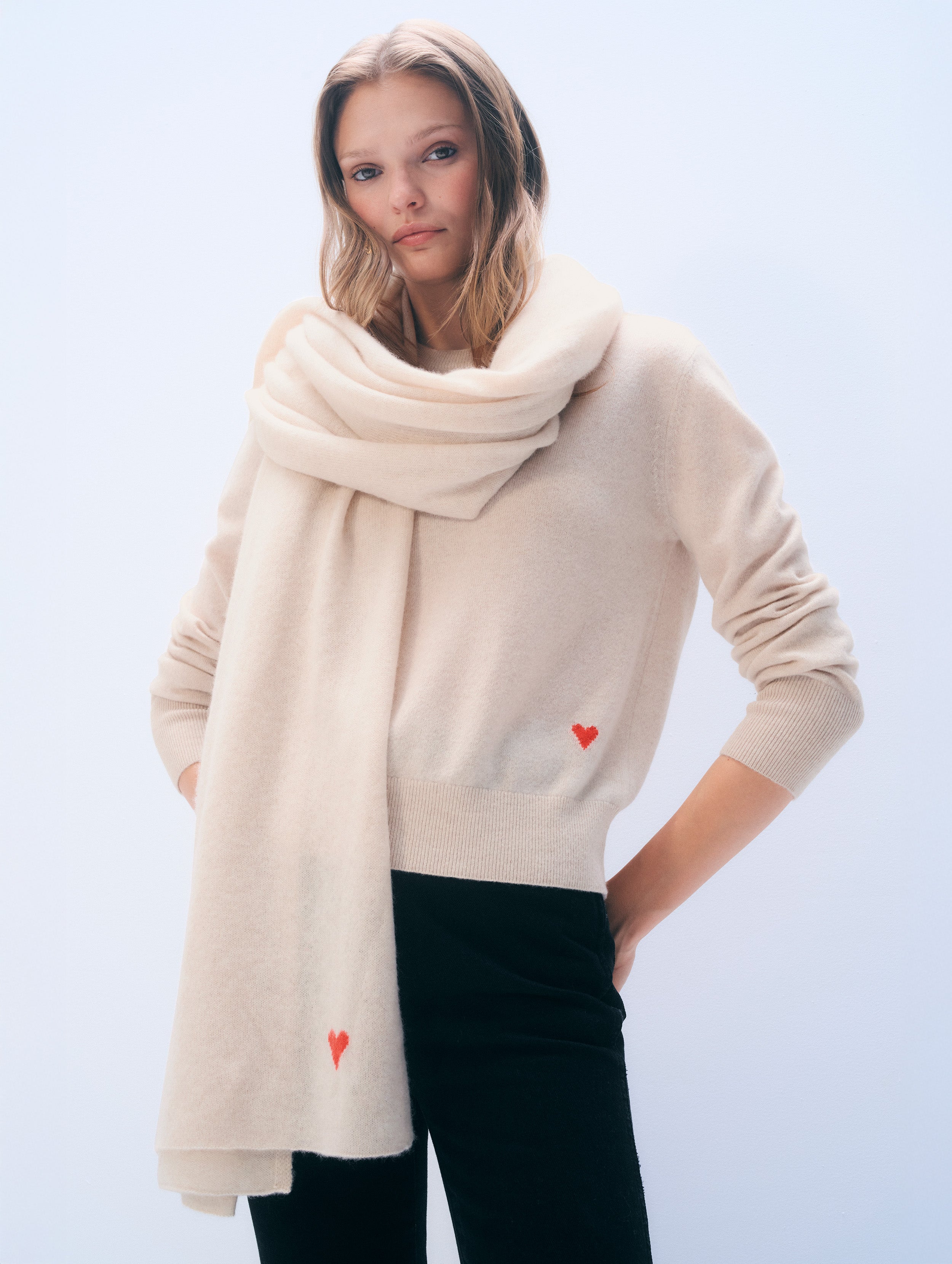 Cashmere Heart Travel Wrap | Natural Heather/Poppy Red