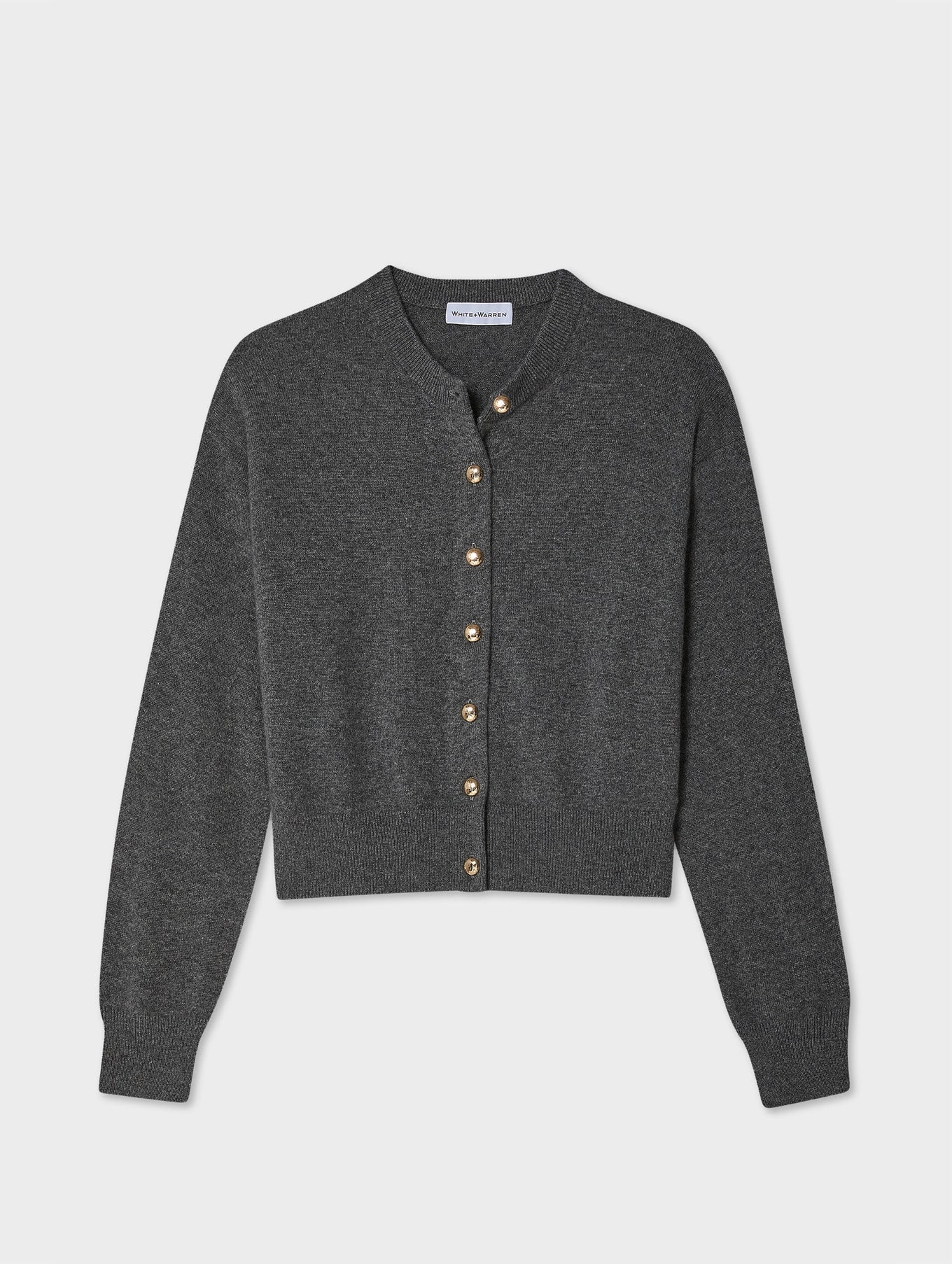 gold button grey long sleeve cardigan