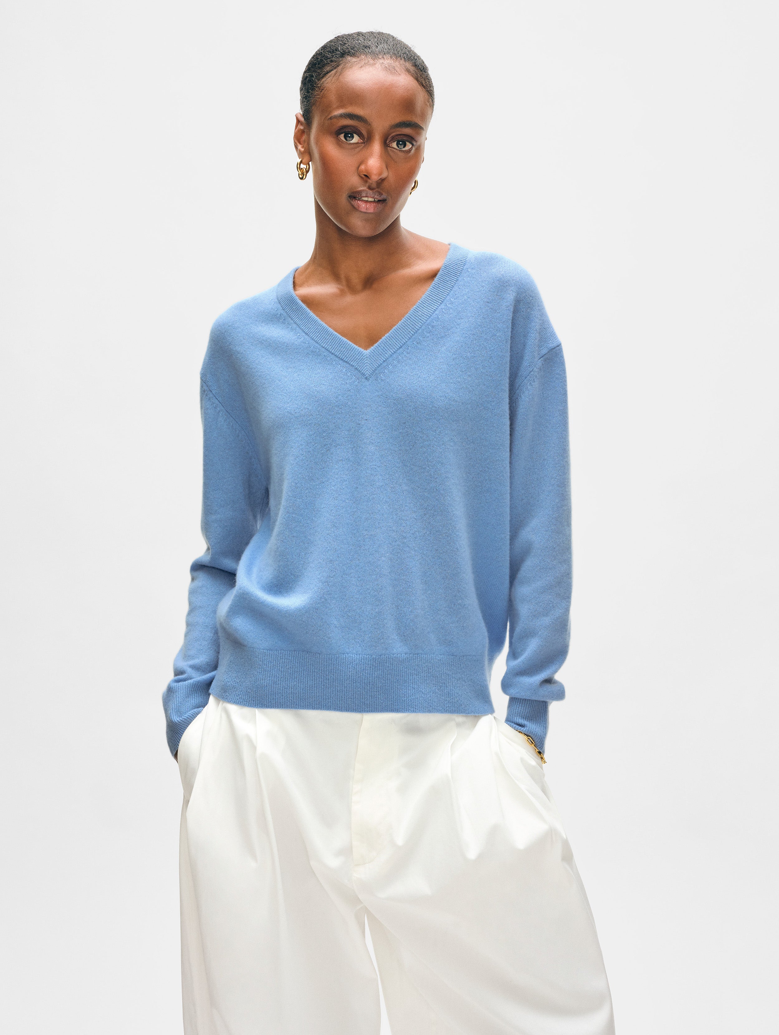 ニット セーター 「WHITE+WARREN」HAND  WOVEN DETAIL PULLOVER レディース V Necks – White + Warren