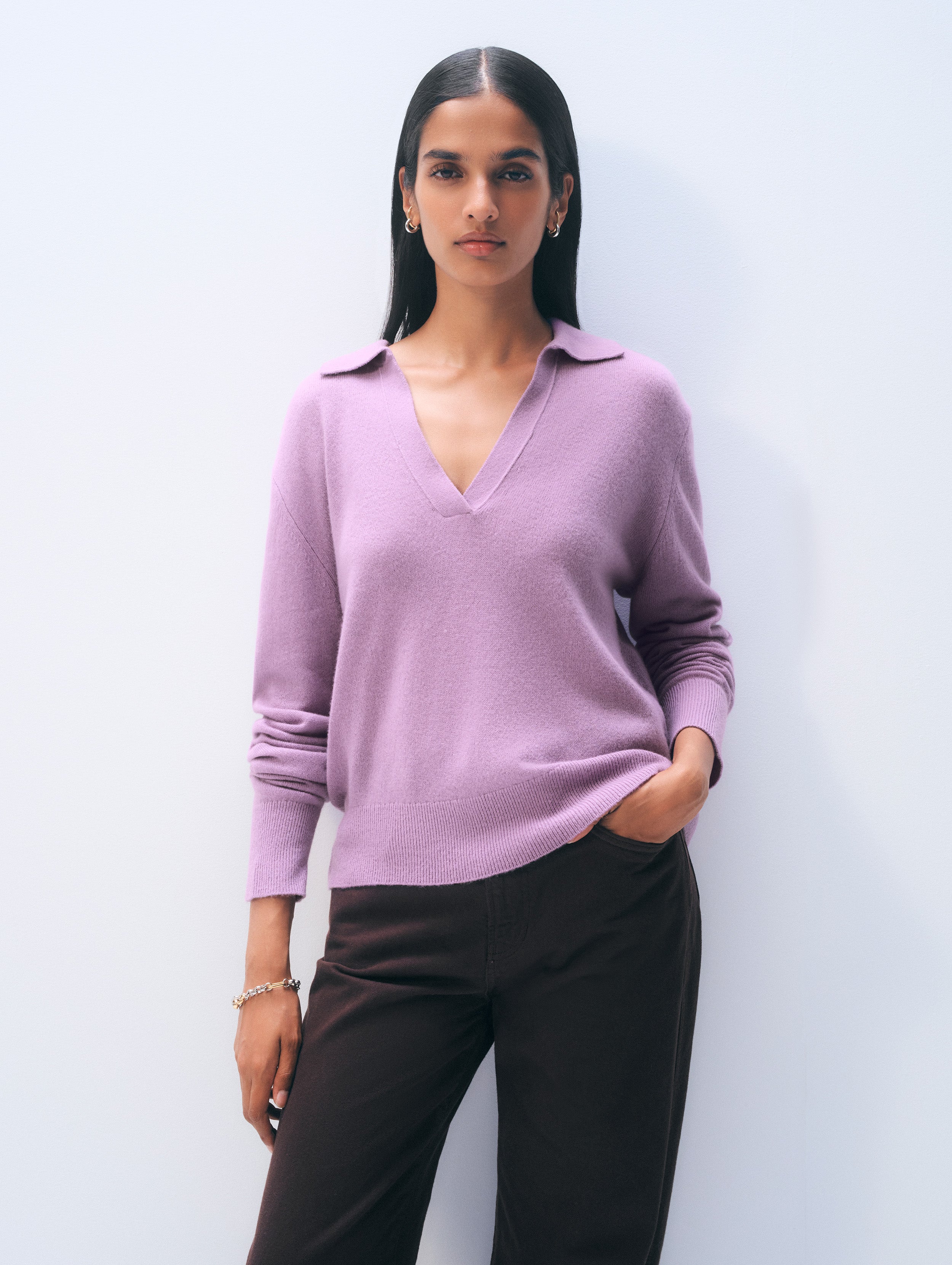 Cashmere Long-Sleeved Polo | Soft Plum