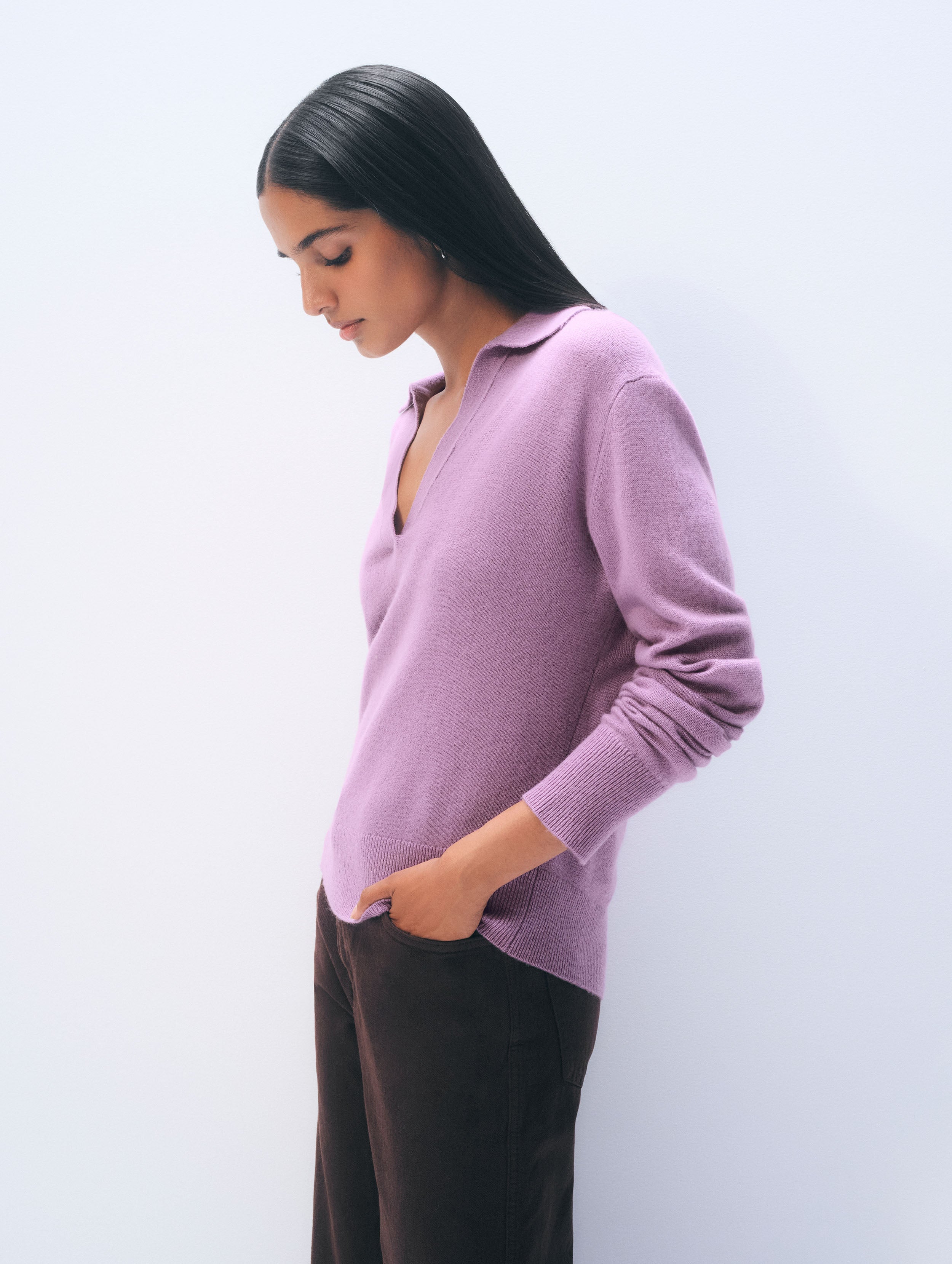 Cashmere Long-Sleeved Polo | Soft Plum