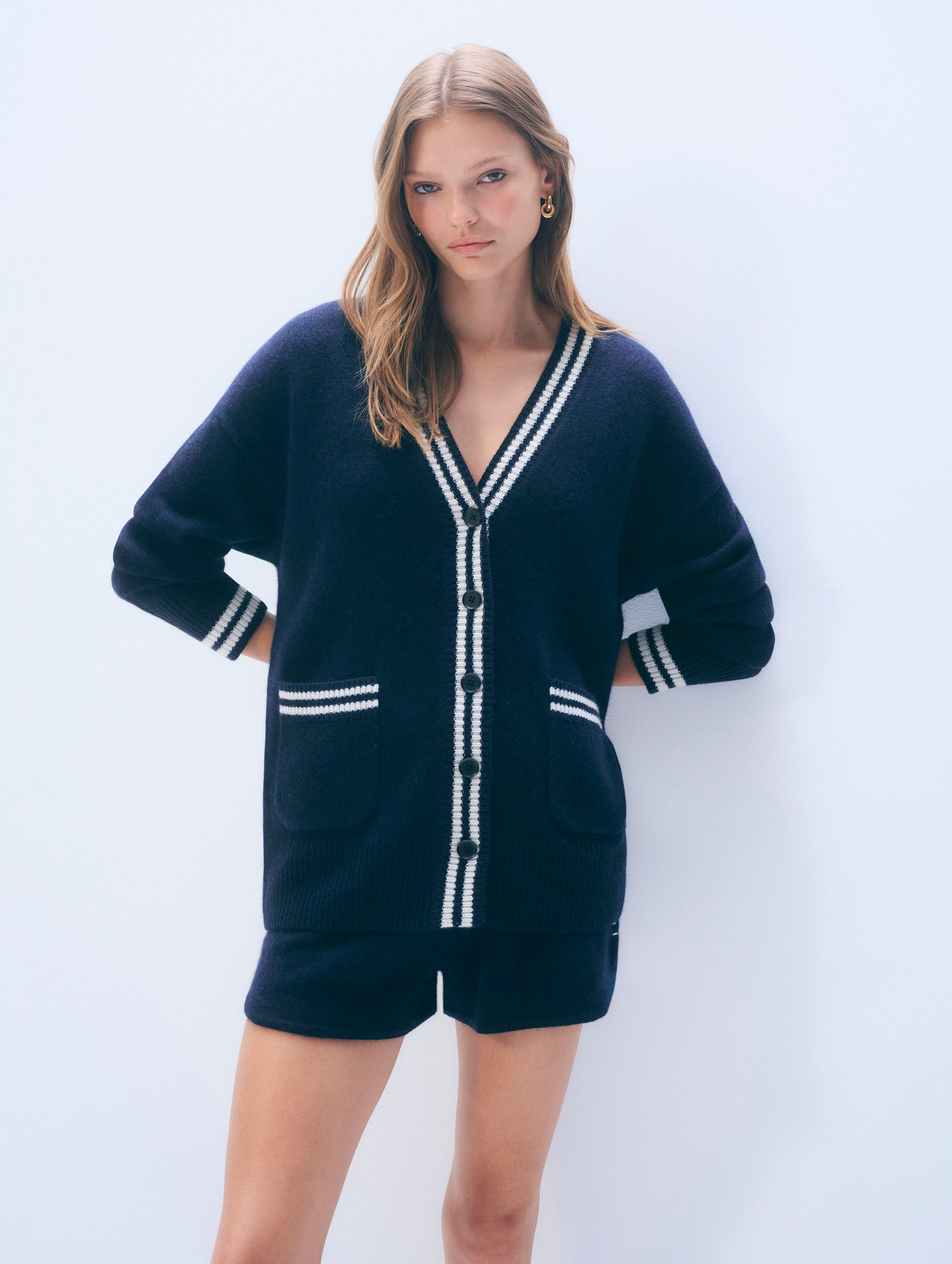 Cashmere Varsity Cardigan | Deep Navy/Soft White