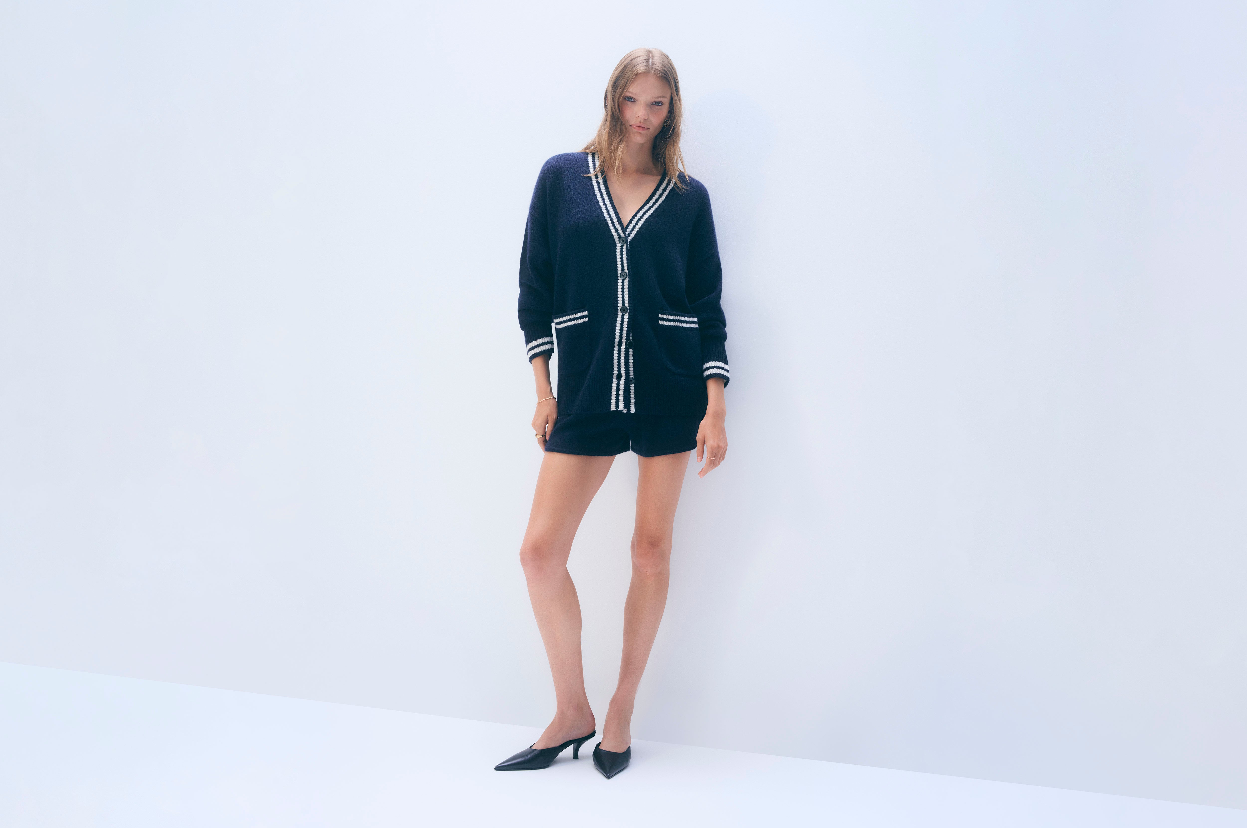 Cashmere Varsity Cardigan | Deep Navy/Soft White