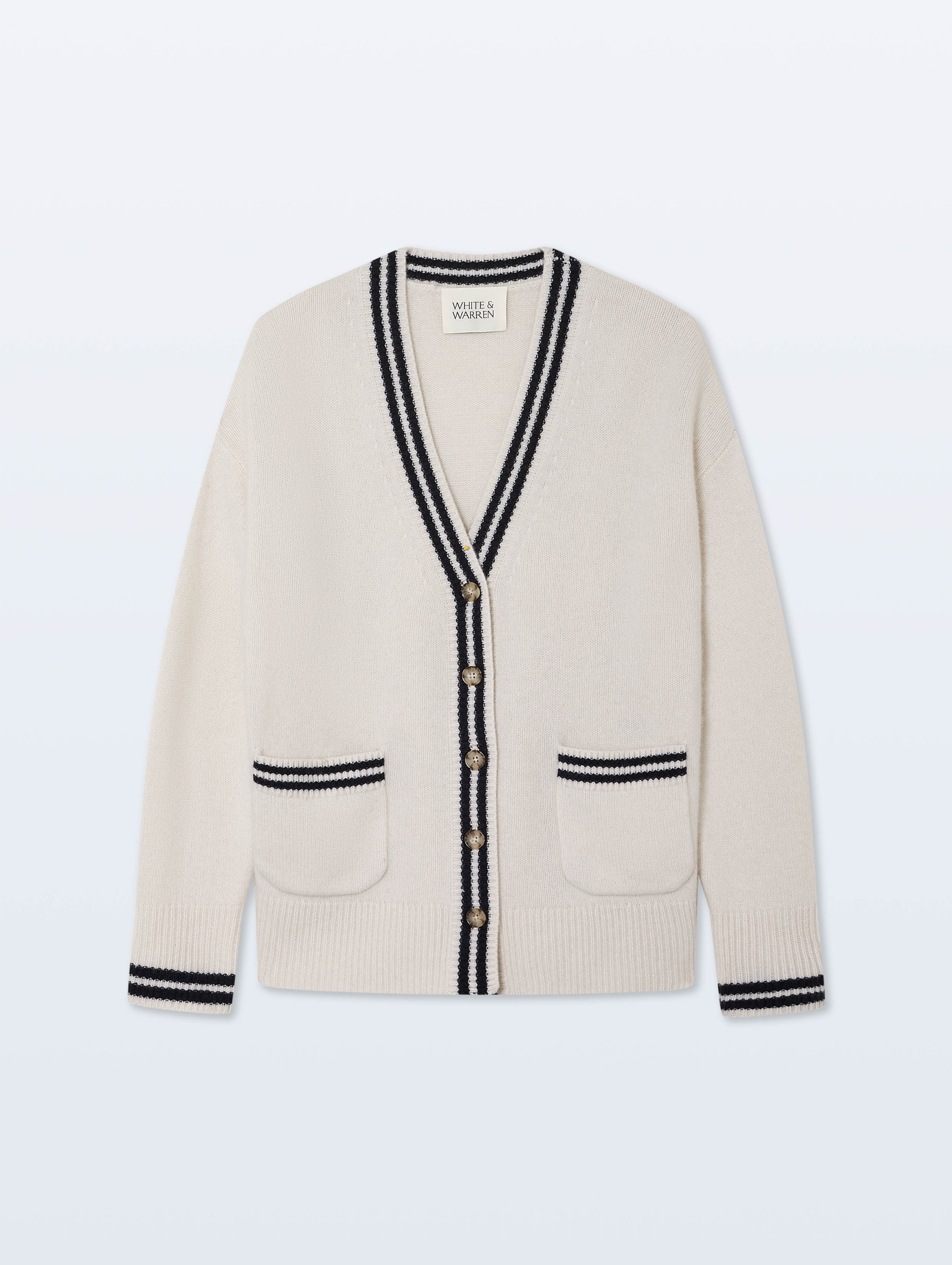 Cashmere Varsity Cardigan | Soft White/Navy
