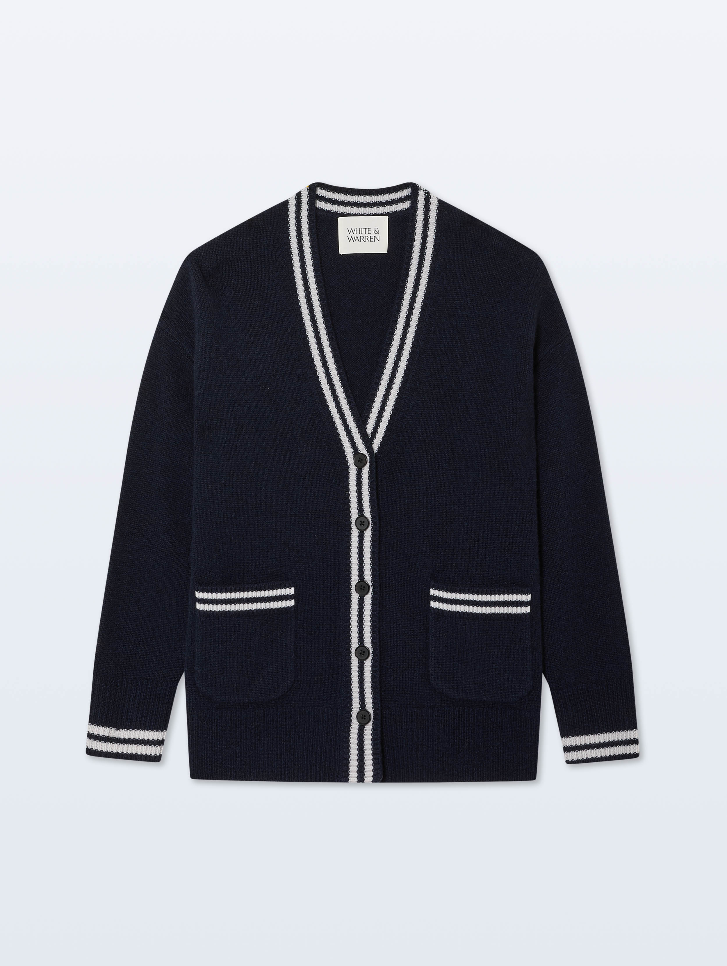 Cashmere Varsity Cardigan | Deep Navy/Soft White