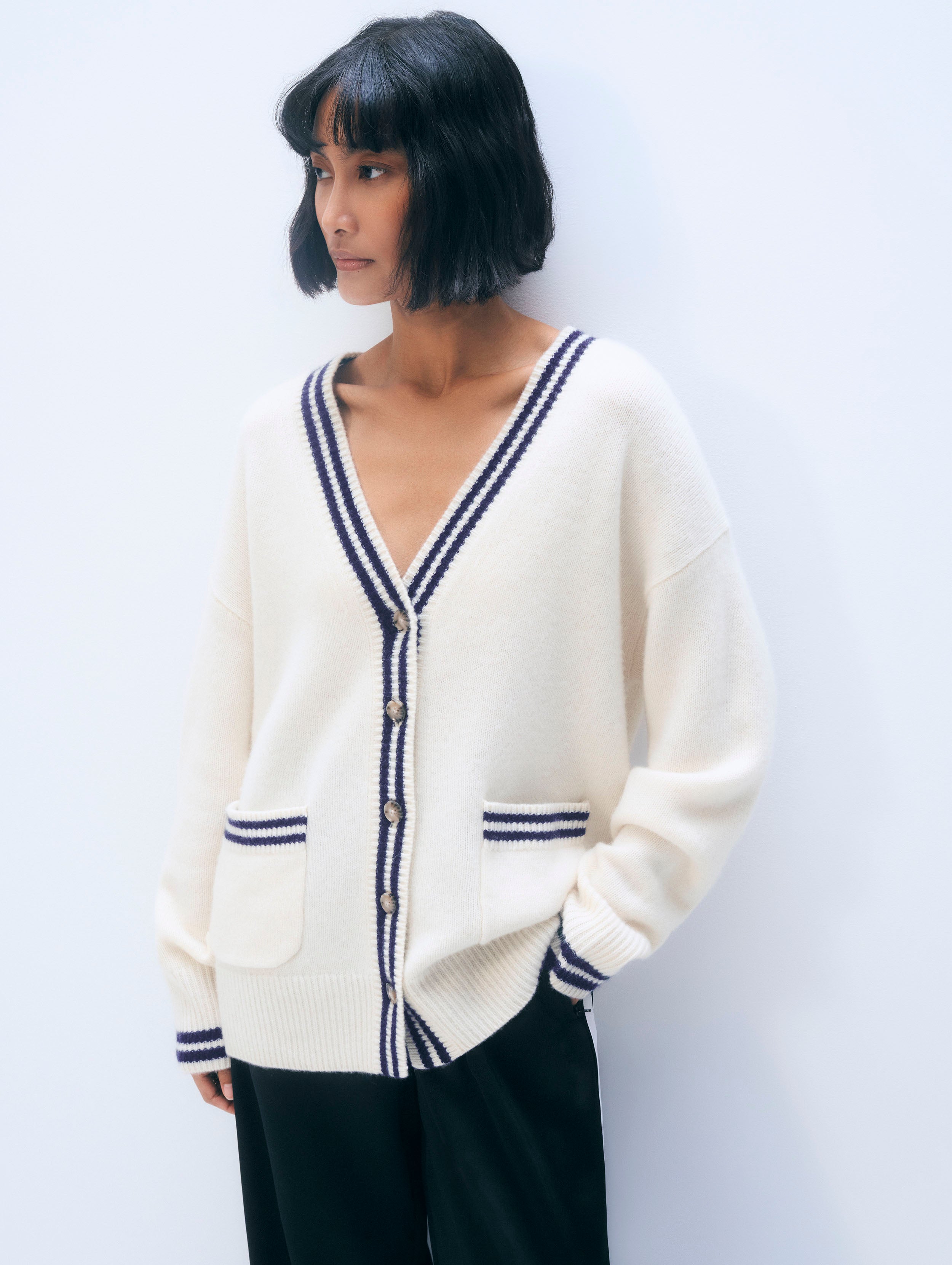 Cashmere Varsity Cardigan | Soft White/Navy