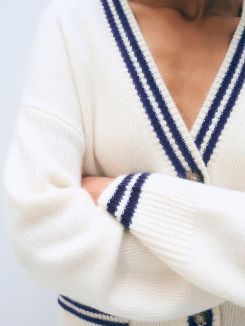 Cashmere Varsity V Neck | Soft White & Deep Navy