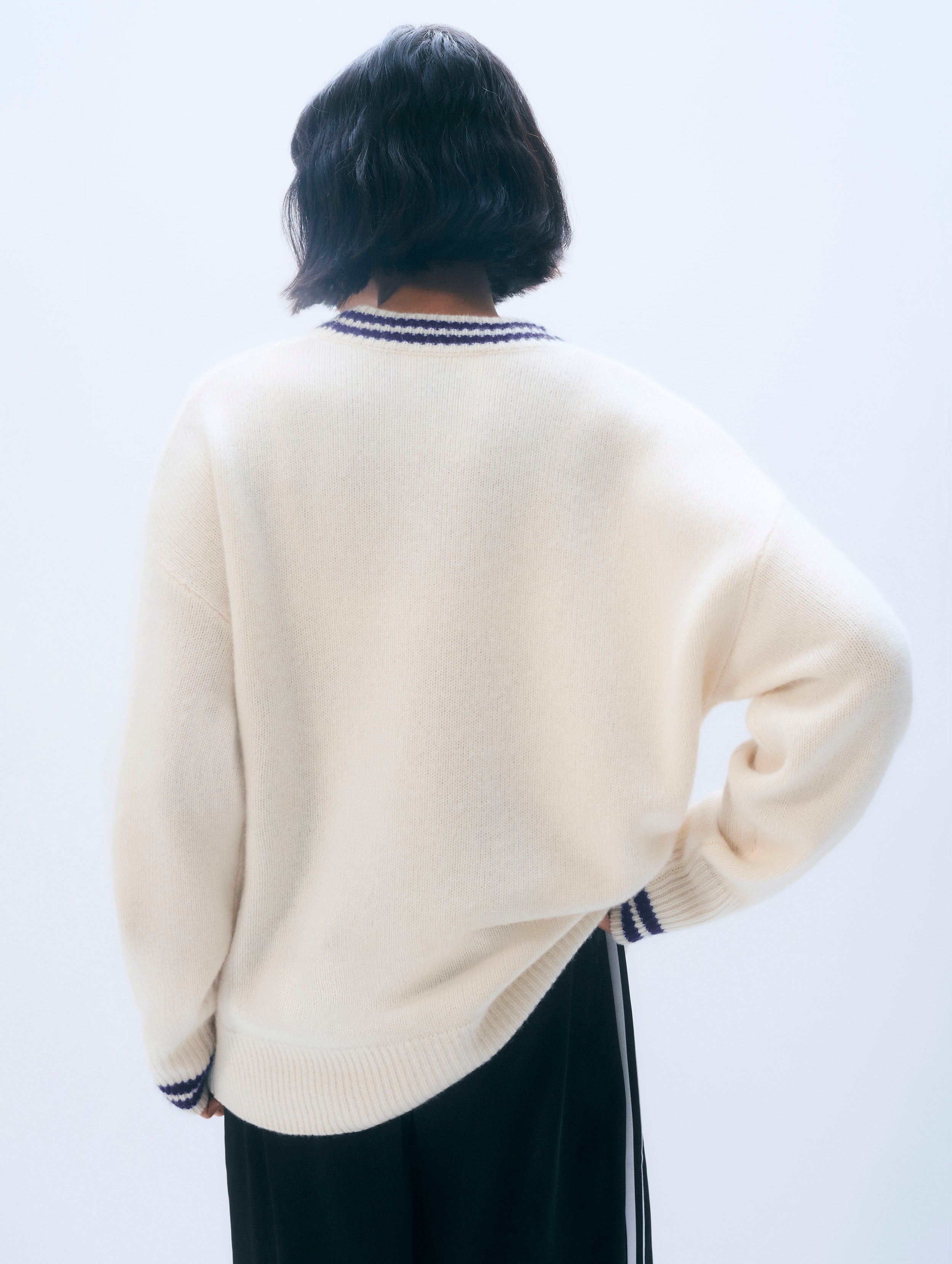 Cashmere Varsity Cardigan | Soft White/Navy
