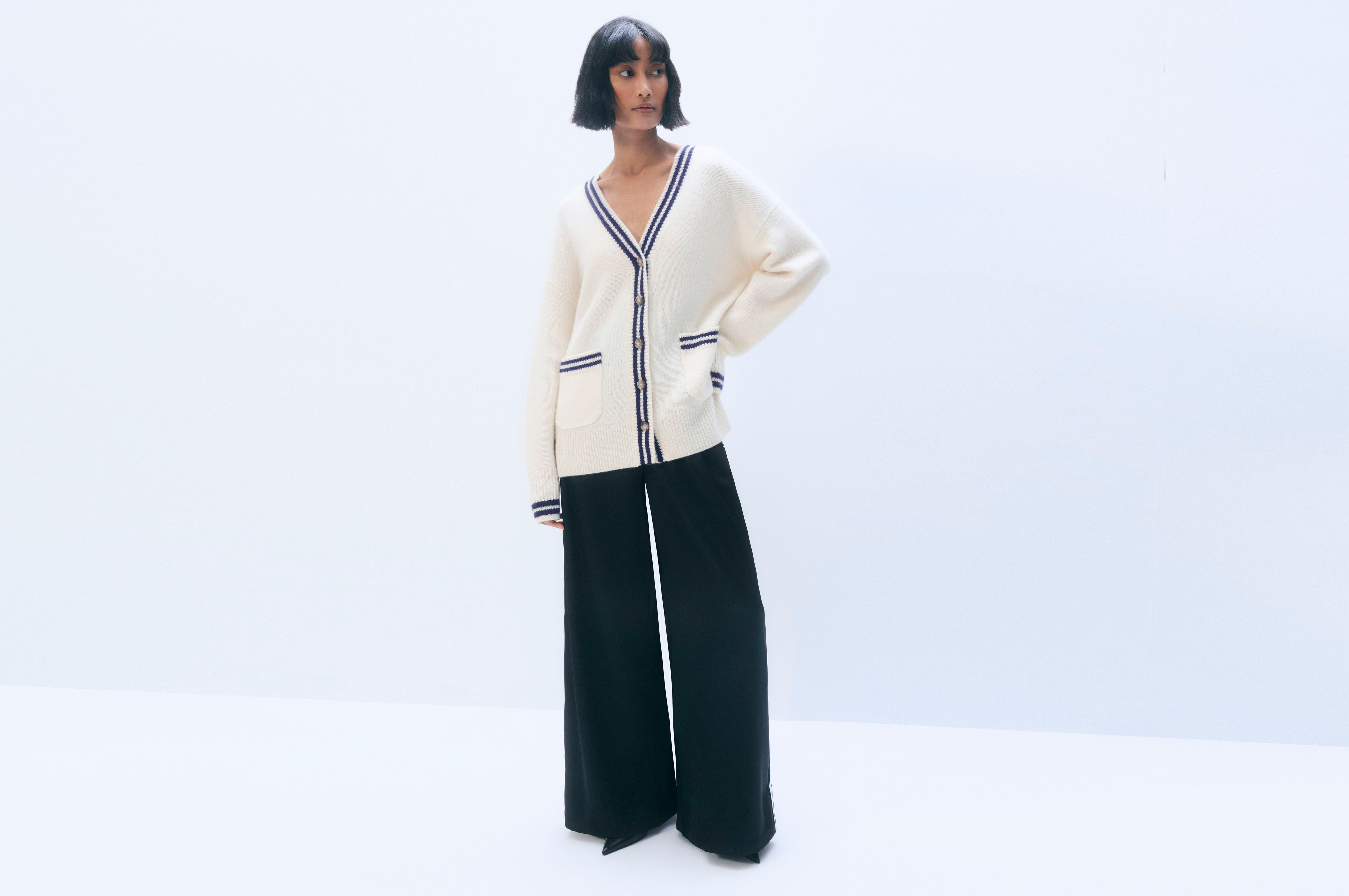 Cashmere Varsity Cardigan | Soft White/Navy