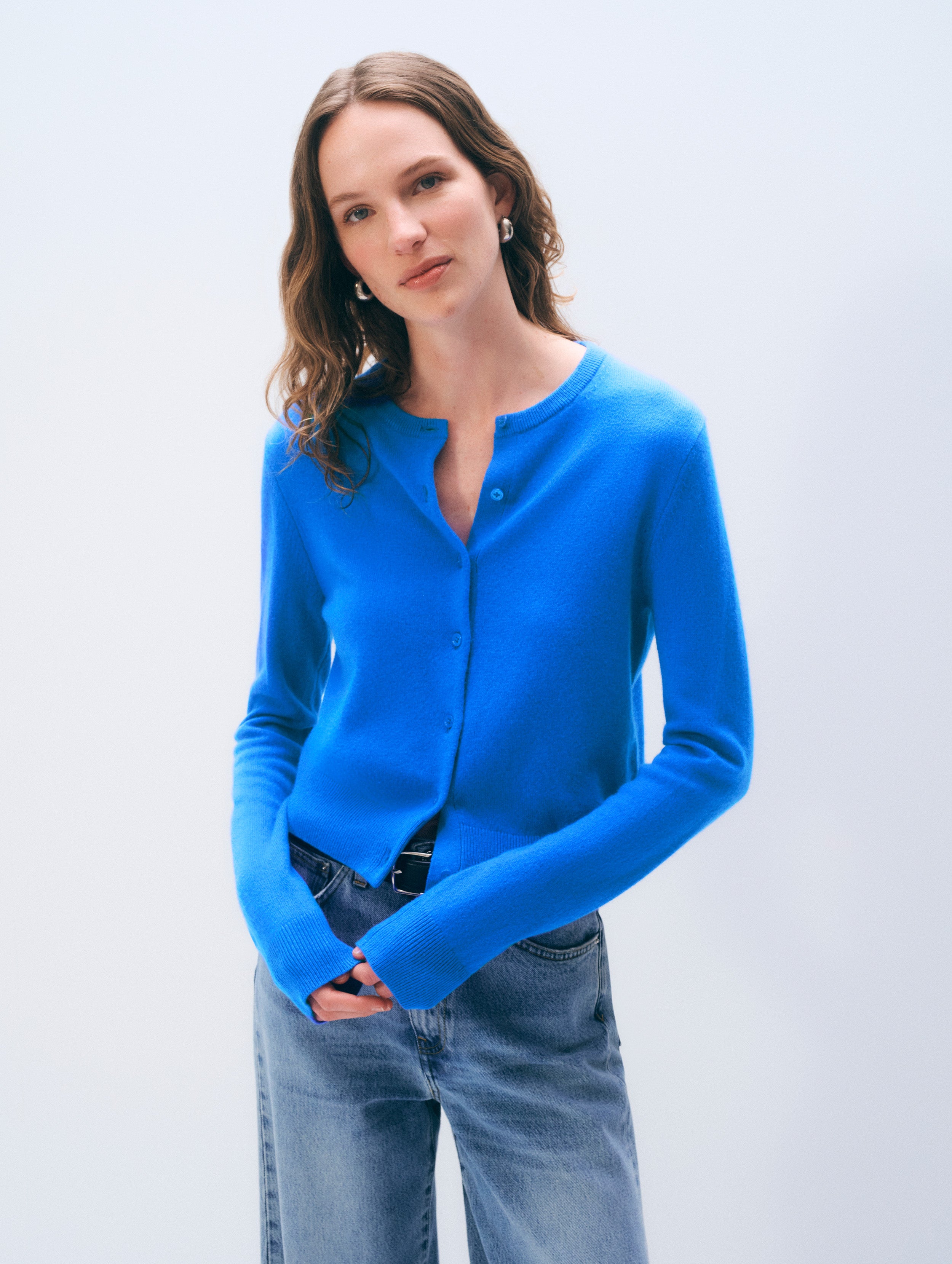 Cashmere Crewneck Cardigan | Bright Azure