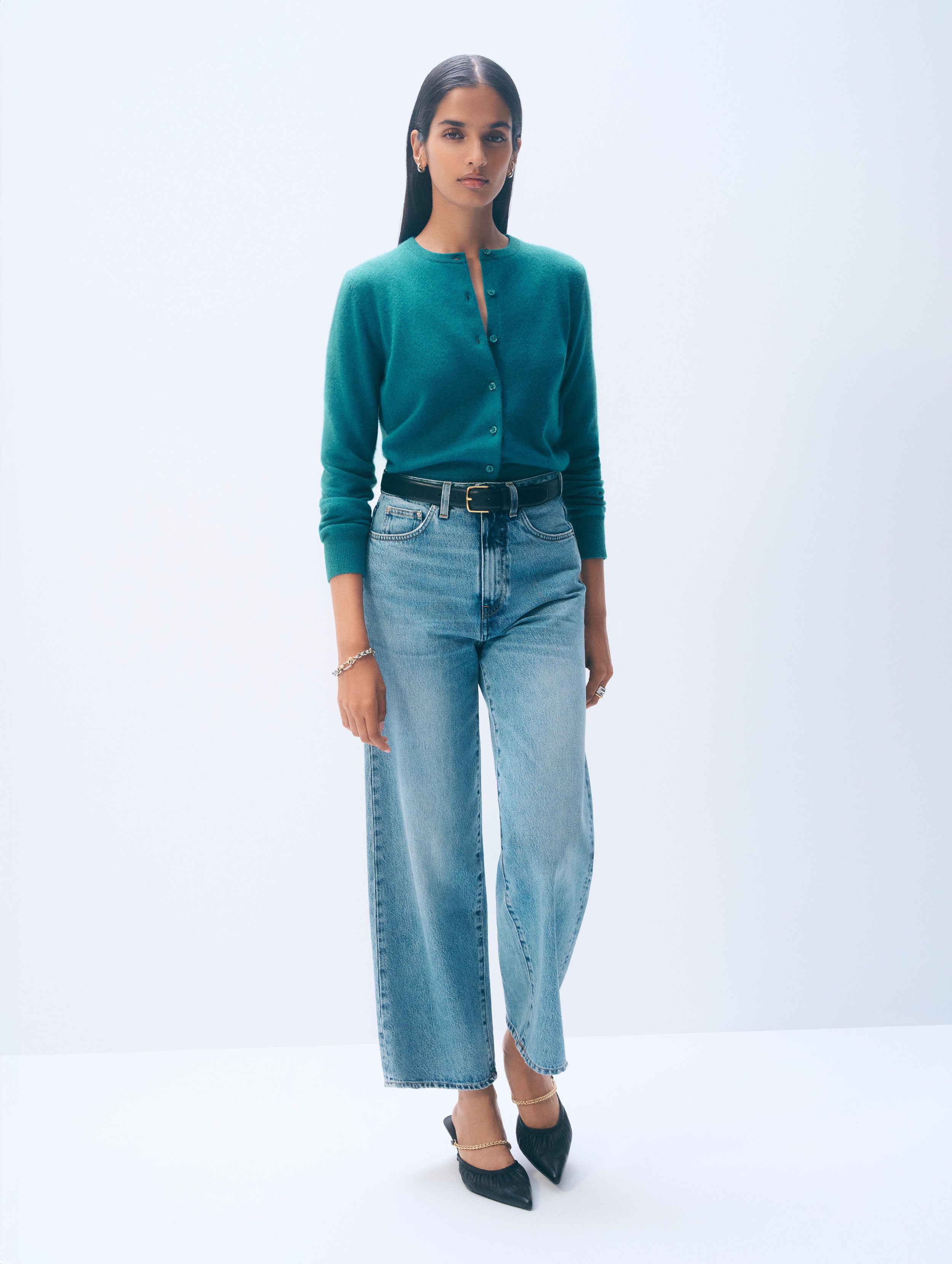 Cashmere Crewneck Cardigan | Deepwater Teal