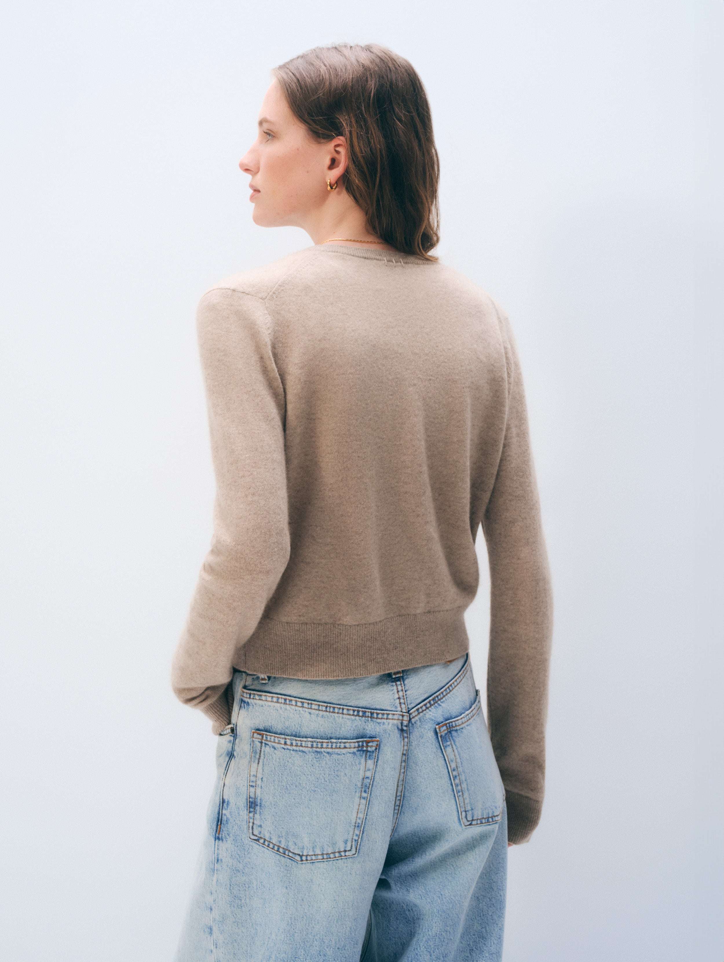 Cashmere Crewneck Cardigan | Taupe Heather