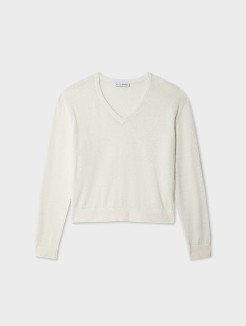 Fine Cotton Blend Ribbed V Neck | White