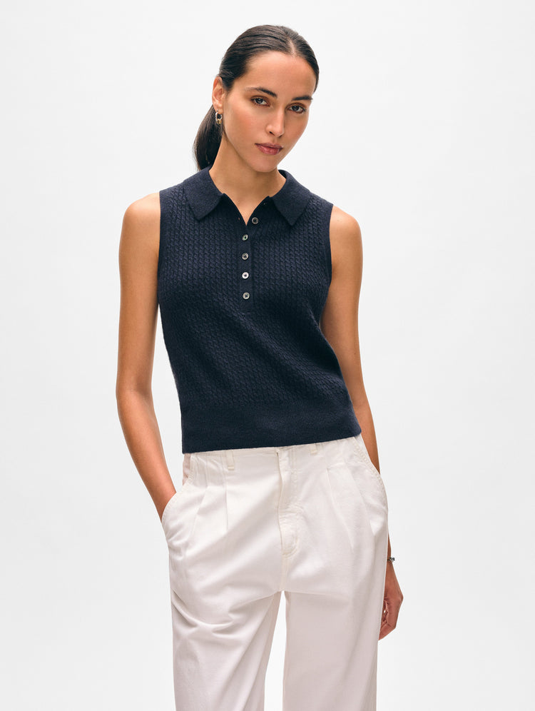 Cashmere Cable Sleeveless Polo