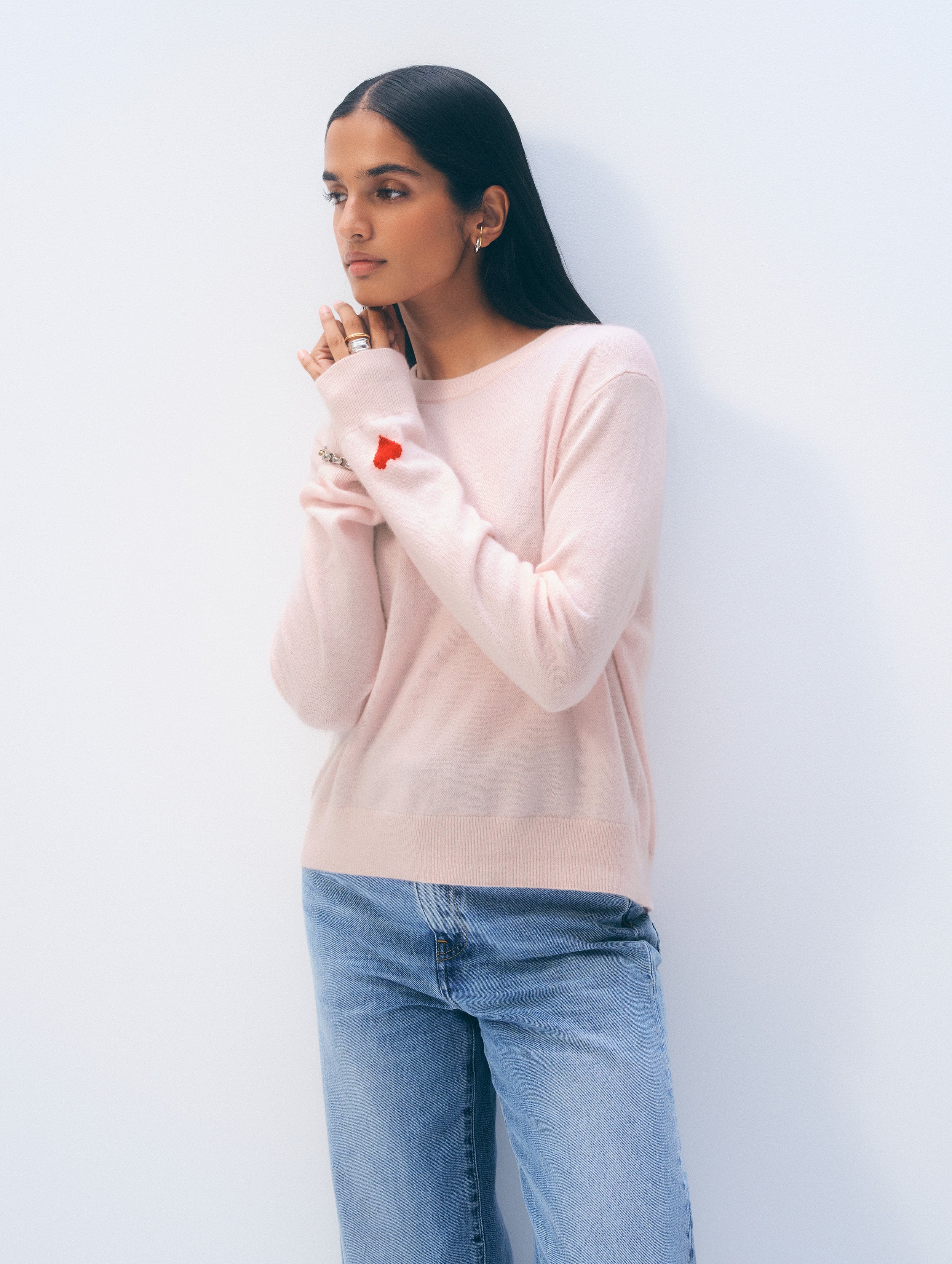 Cashmere Mini Heart Sleeve Crewneck