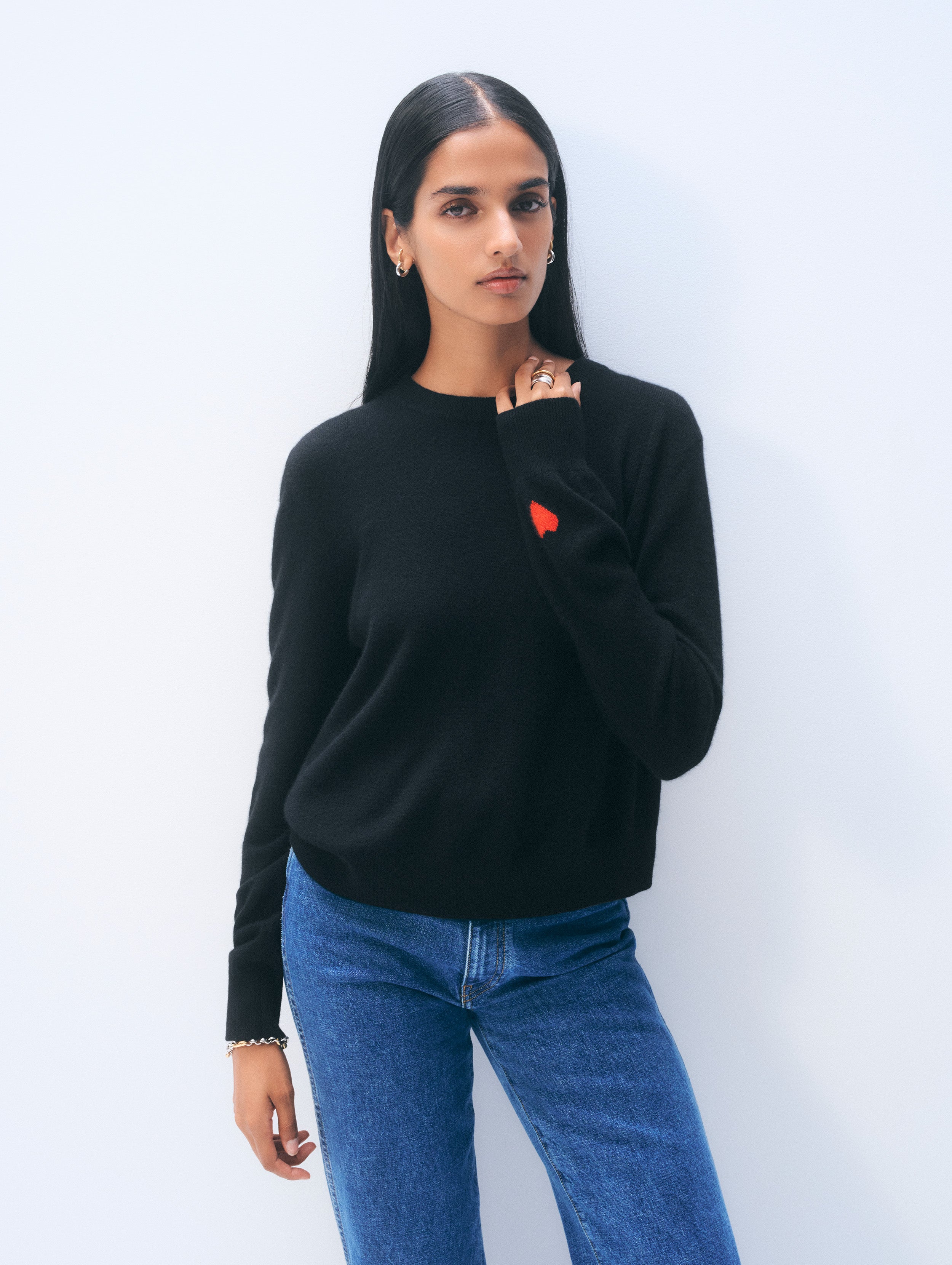 Cashmere Mini Heart Sleeve Crewneck